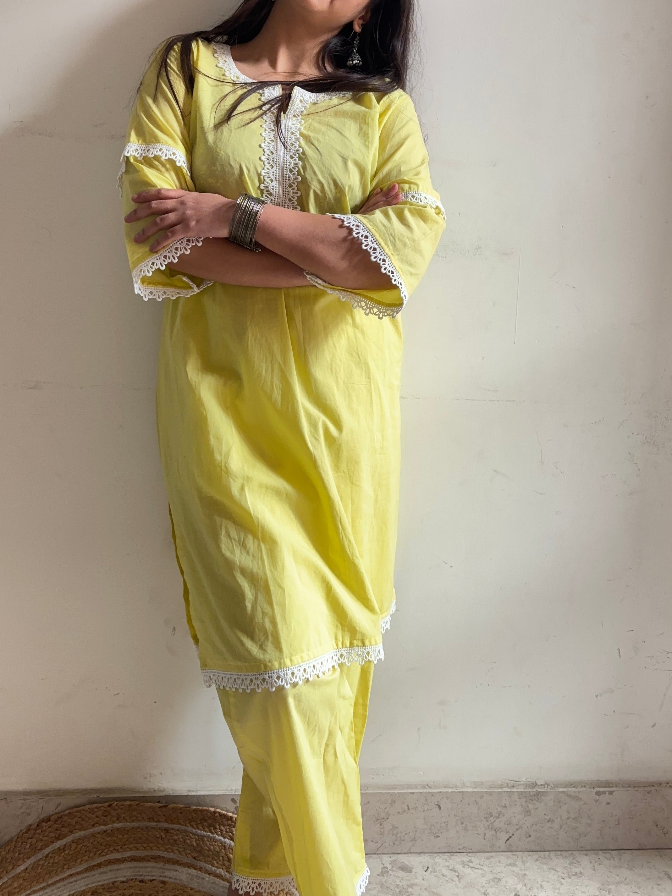 Lemon Zest Lace-Trimmed Cotton Co-ord Set