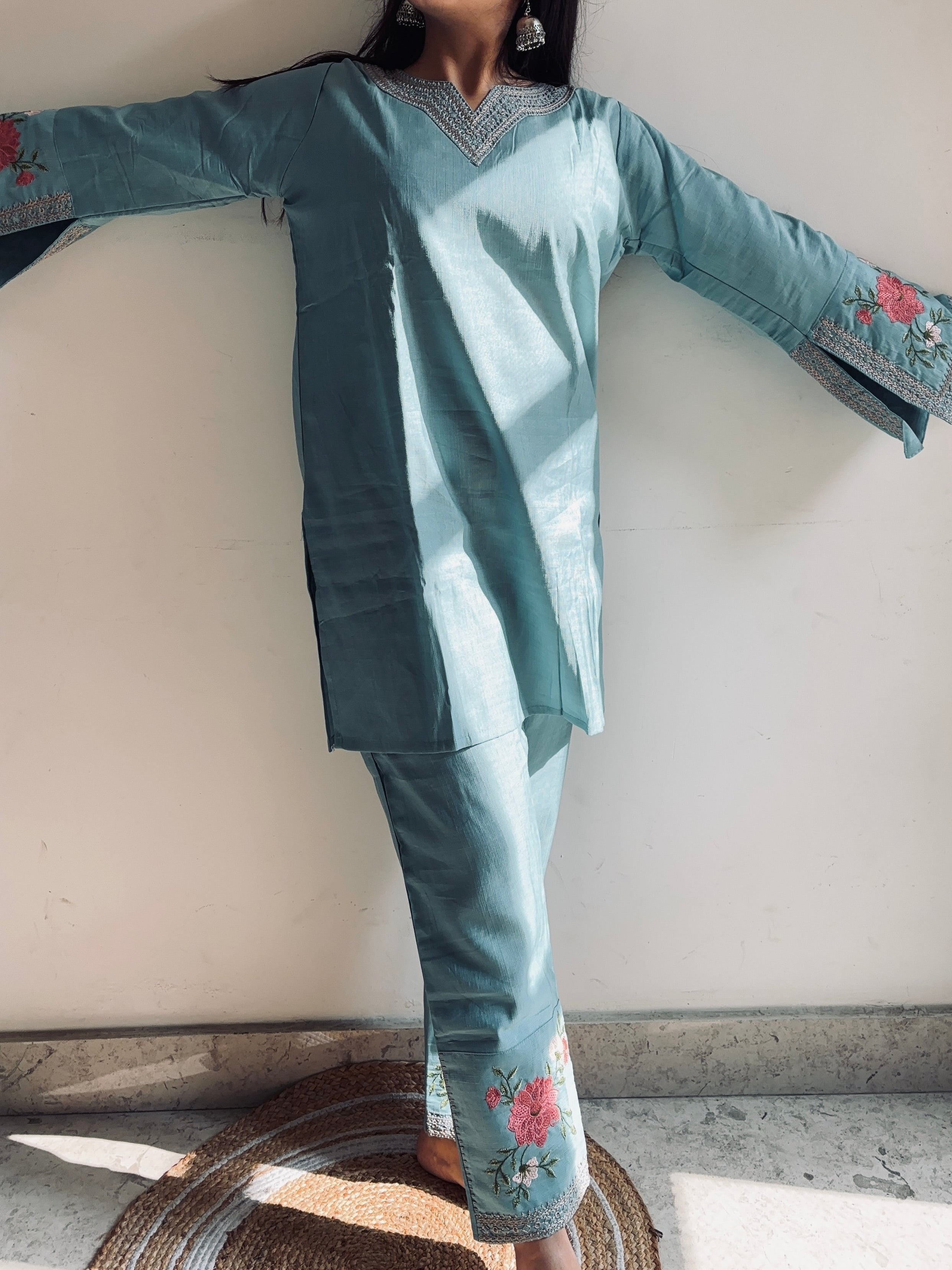 Floral Embroidered Pakistani Style Sleeves Coord Set