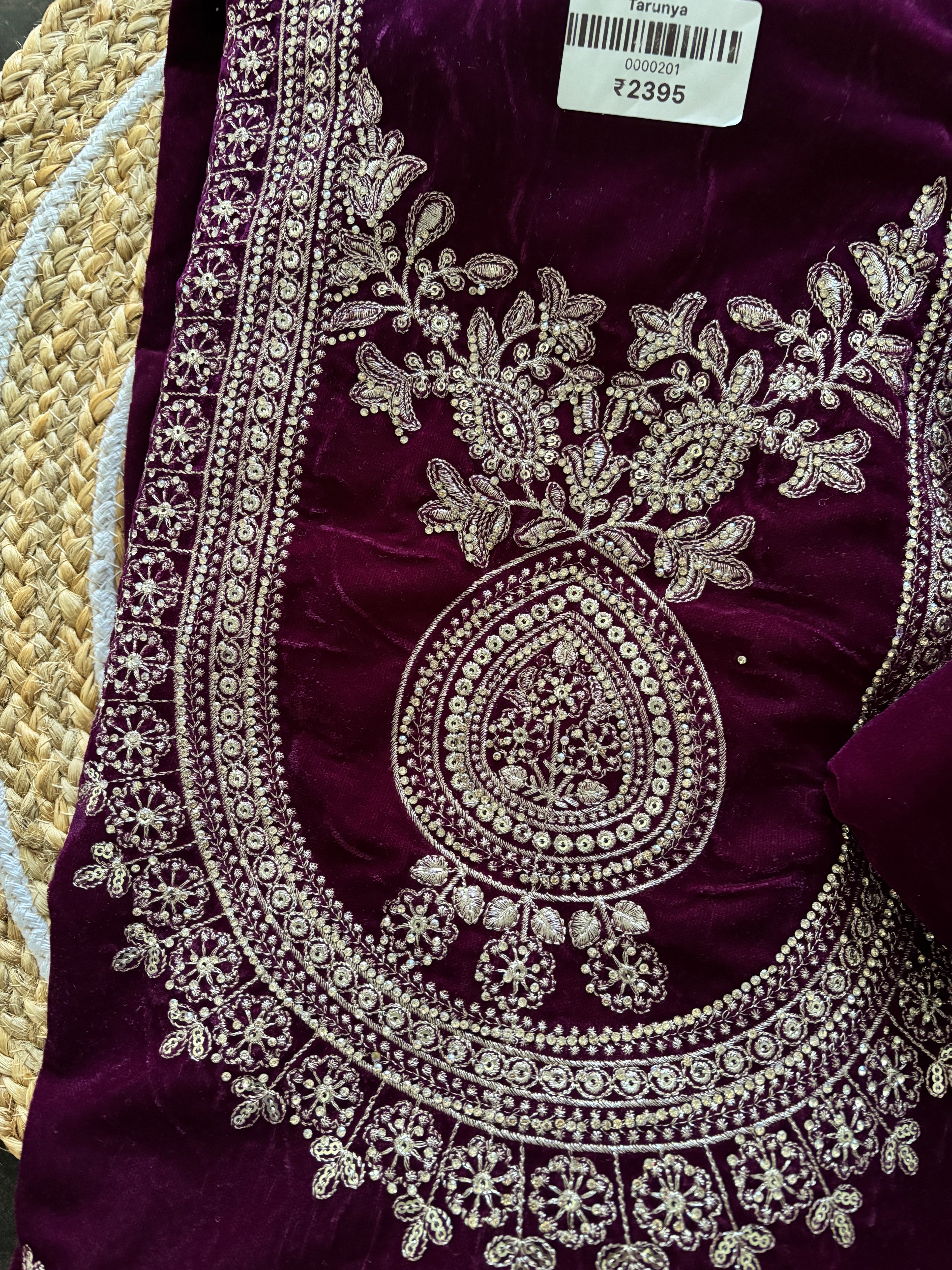 Unstitched Golden Embroidery Velvet Suit with Heavy Shawl