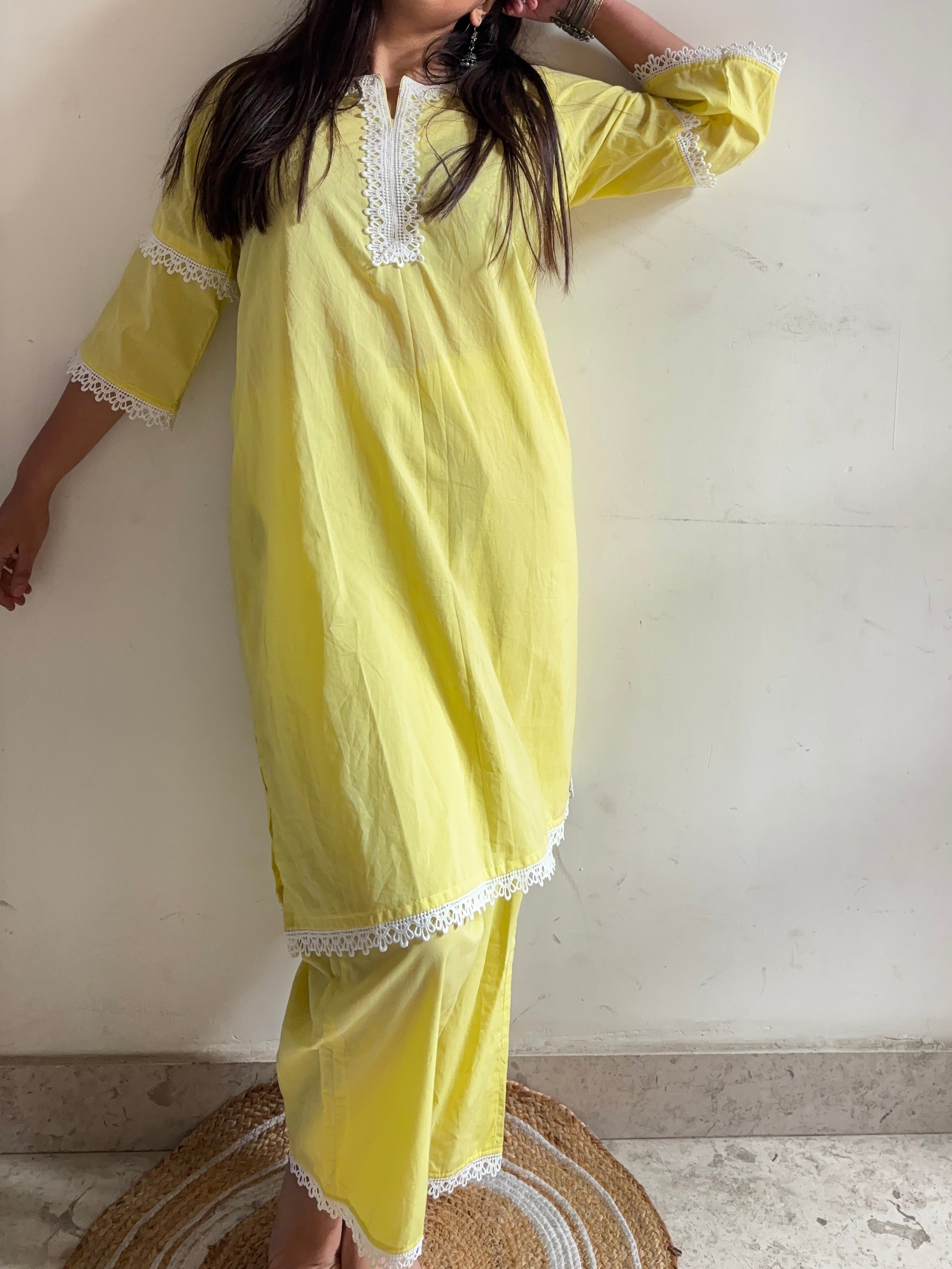 Lemon Zest Lace-Trimmed Cotton Co-ord Set