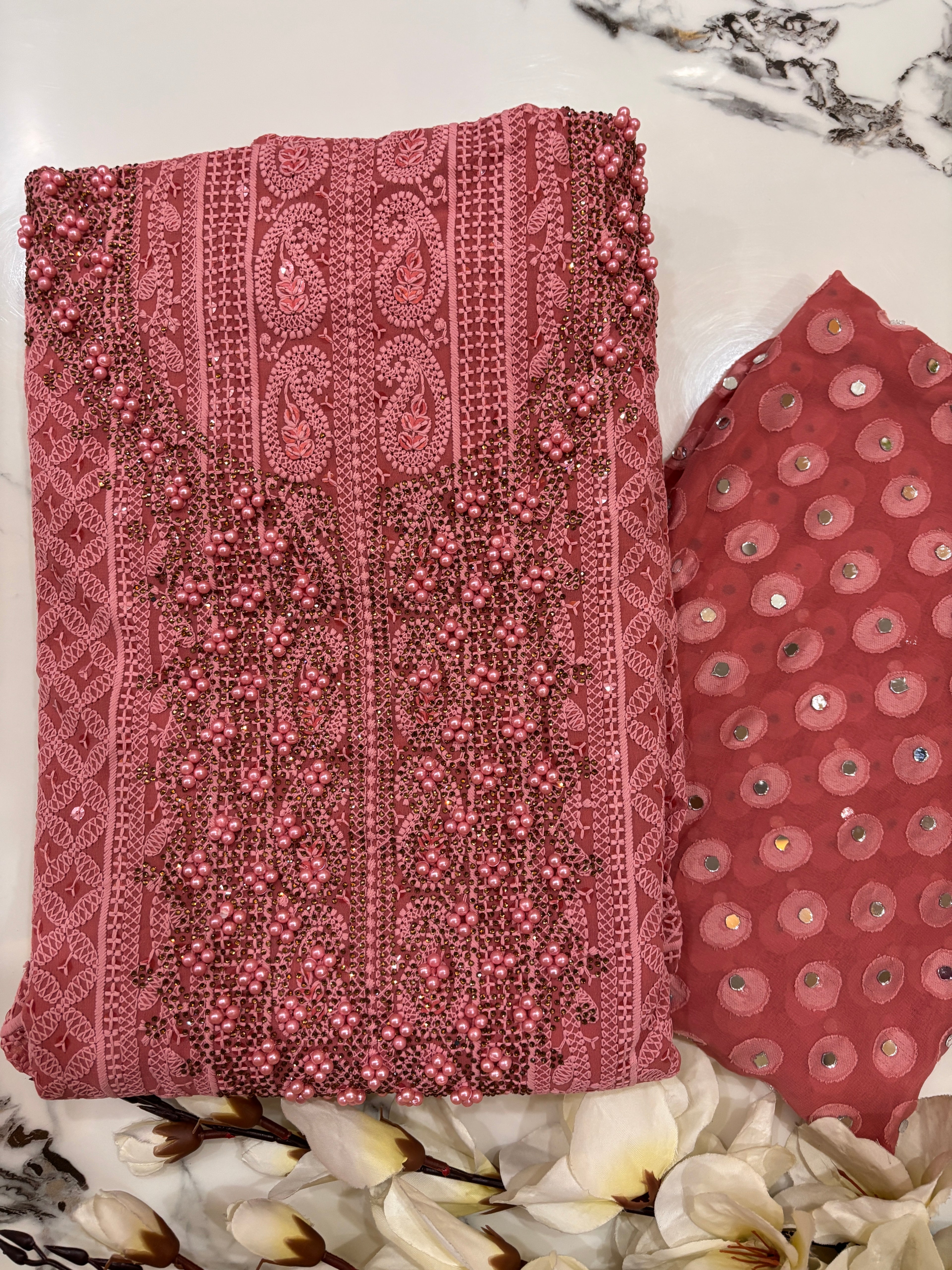 Georgette Unstitched Suit With Mirror Dupata.