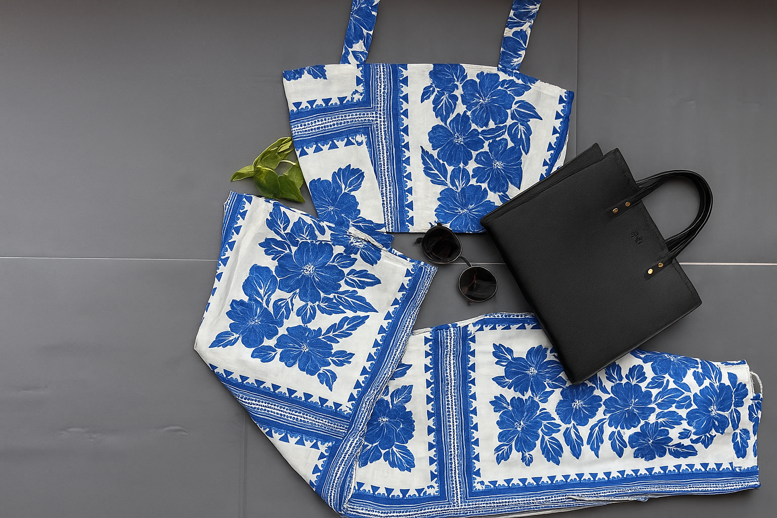 White & Blue Floral Crop Top and Pants Coord Set.