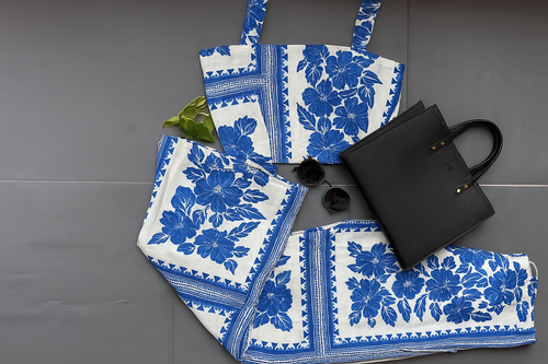 White & Blue Floral Crop Top and Pants Coord Set.