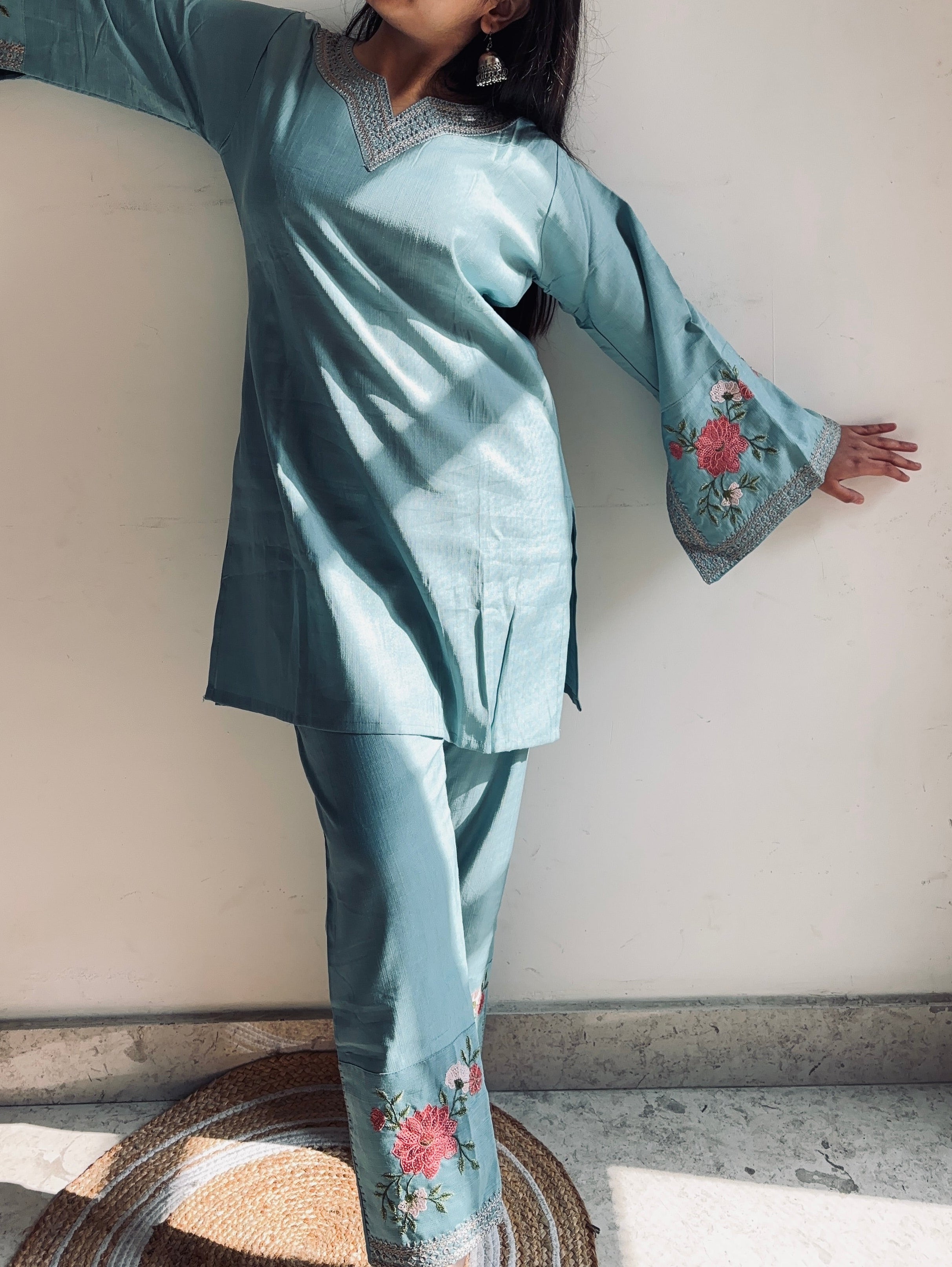 Floral Embroidered Pakistani Style Sleeves Coord Set