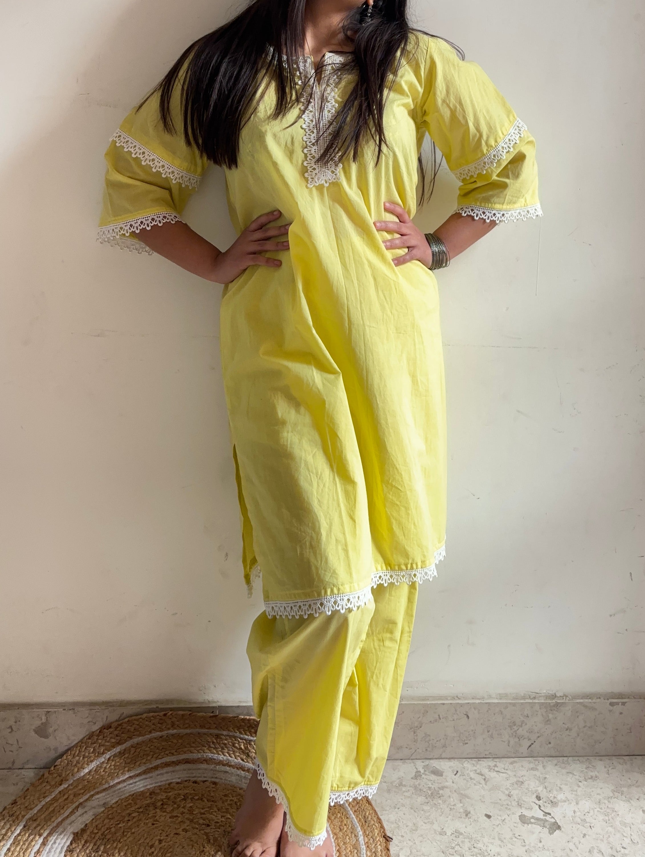 Lemon Zest Lace-Trimmed Cotton Co-ord Set