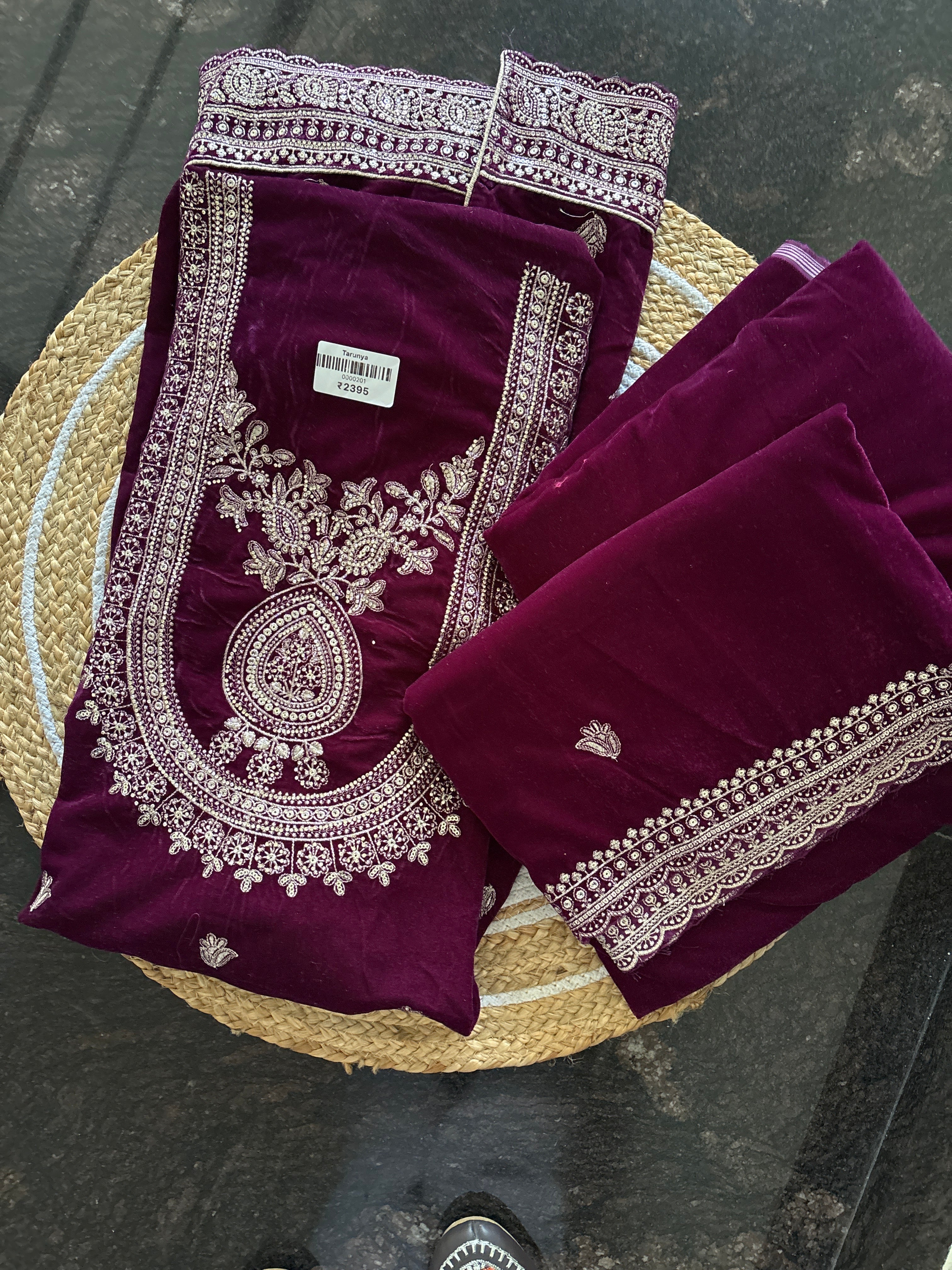 Unstitched Golden Embroidery Velvet Suit with Heavy Shawl