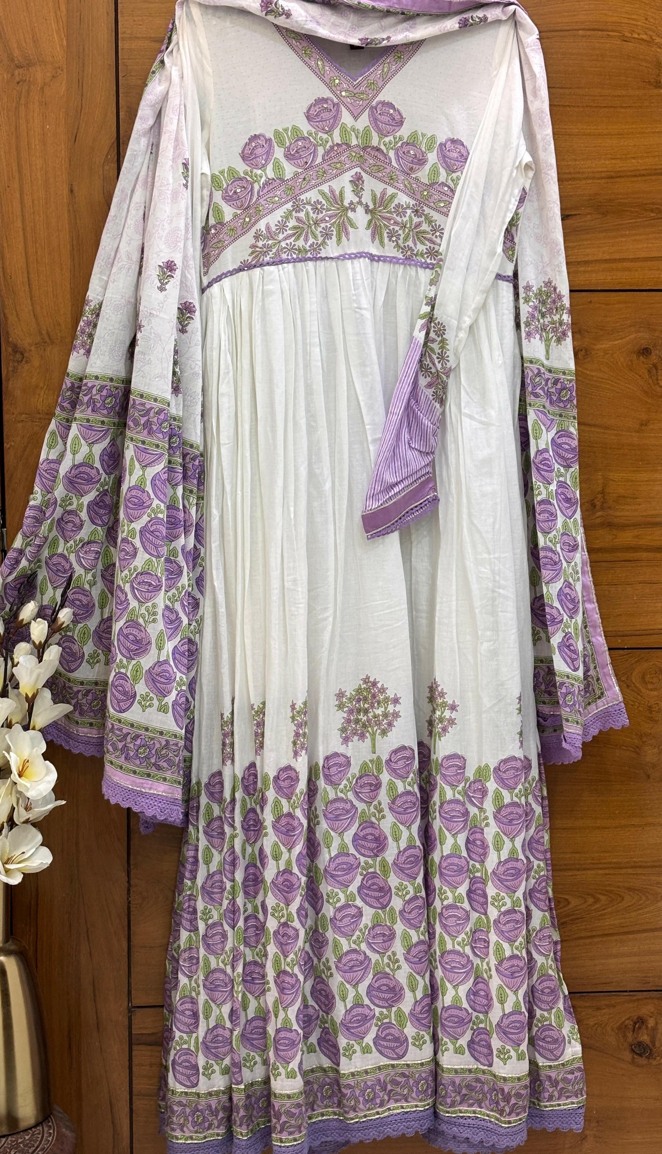 Mul Cotton Lavender Floor Length Anarkali with Dupatta.