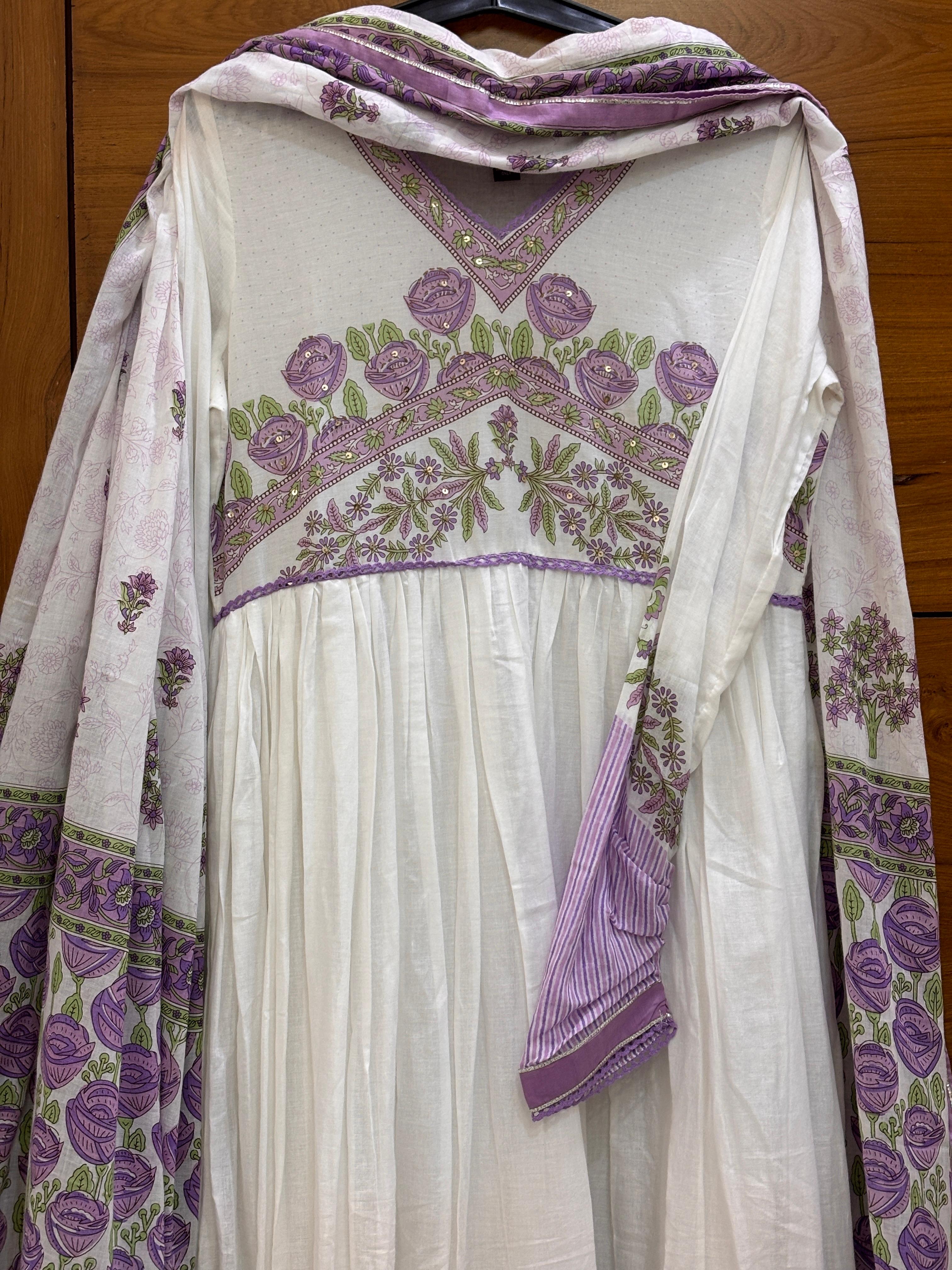 Mul Cotton Lavender Floor Length Anarkali with Dupatta.