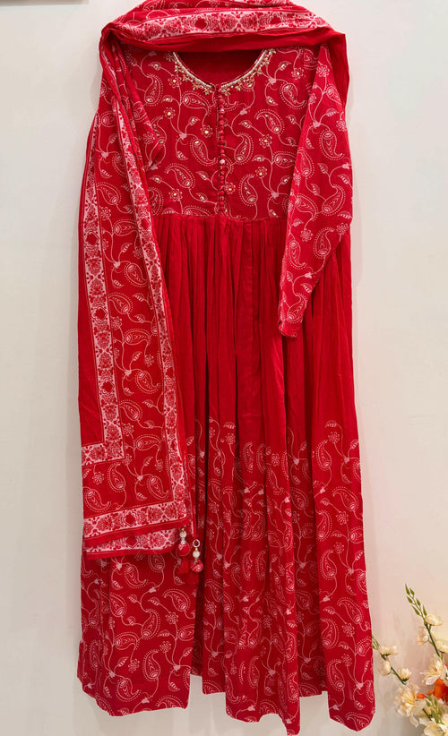 Mul Cotton Red Anarkali.