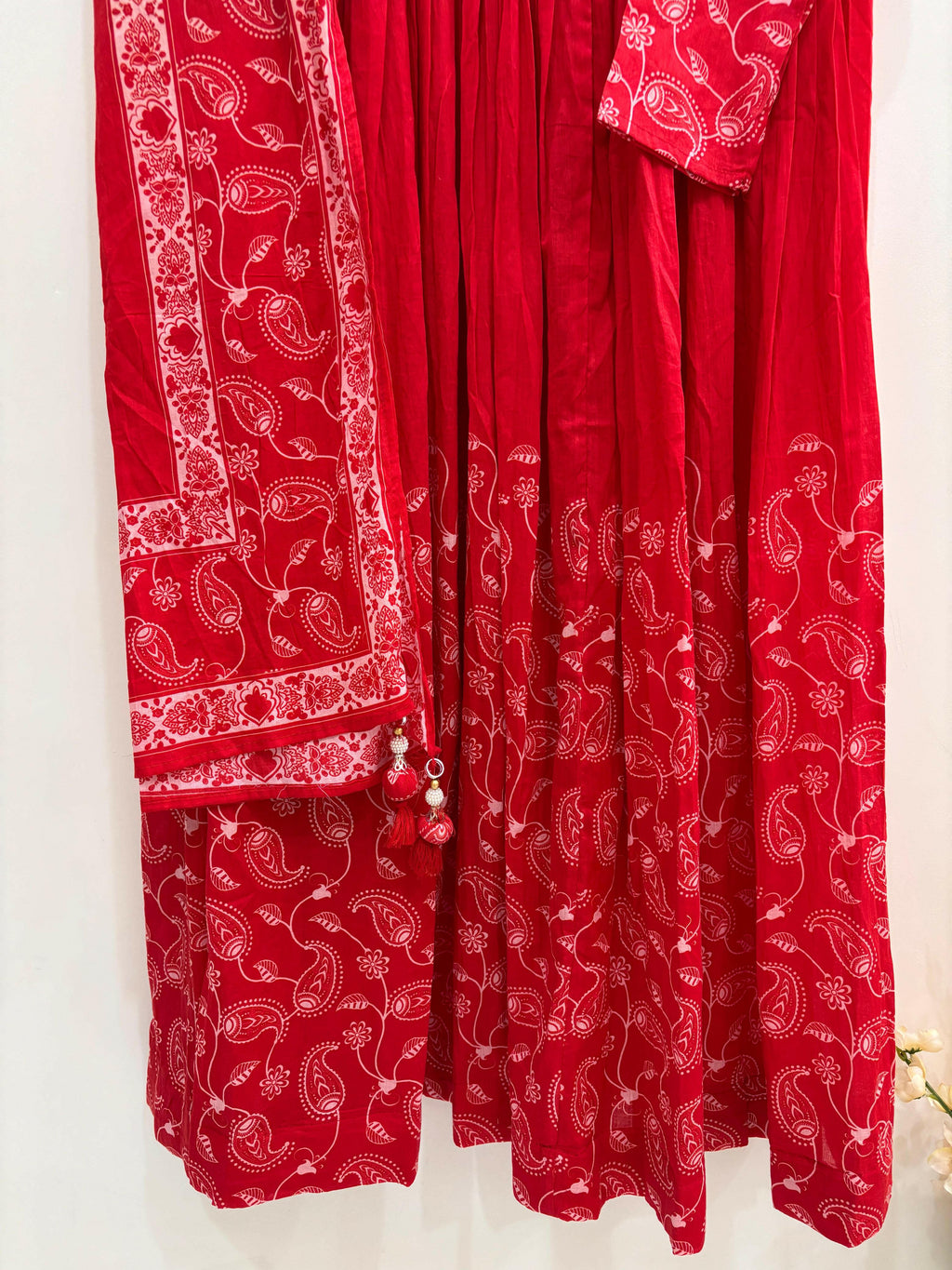 Mul Cotton Red Anarkali.