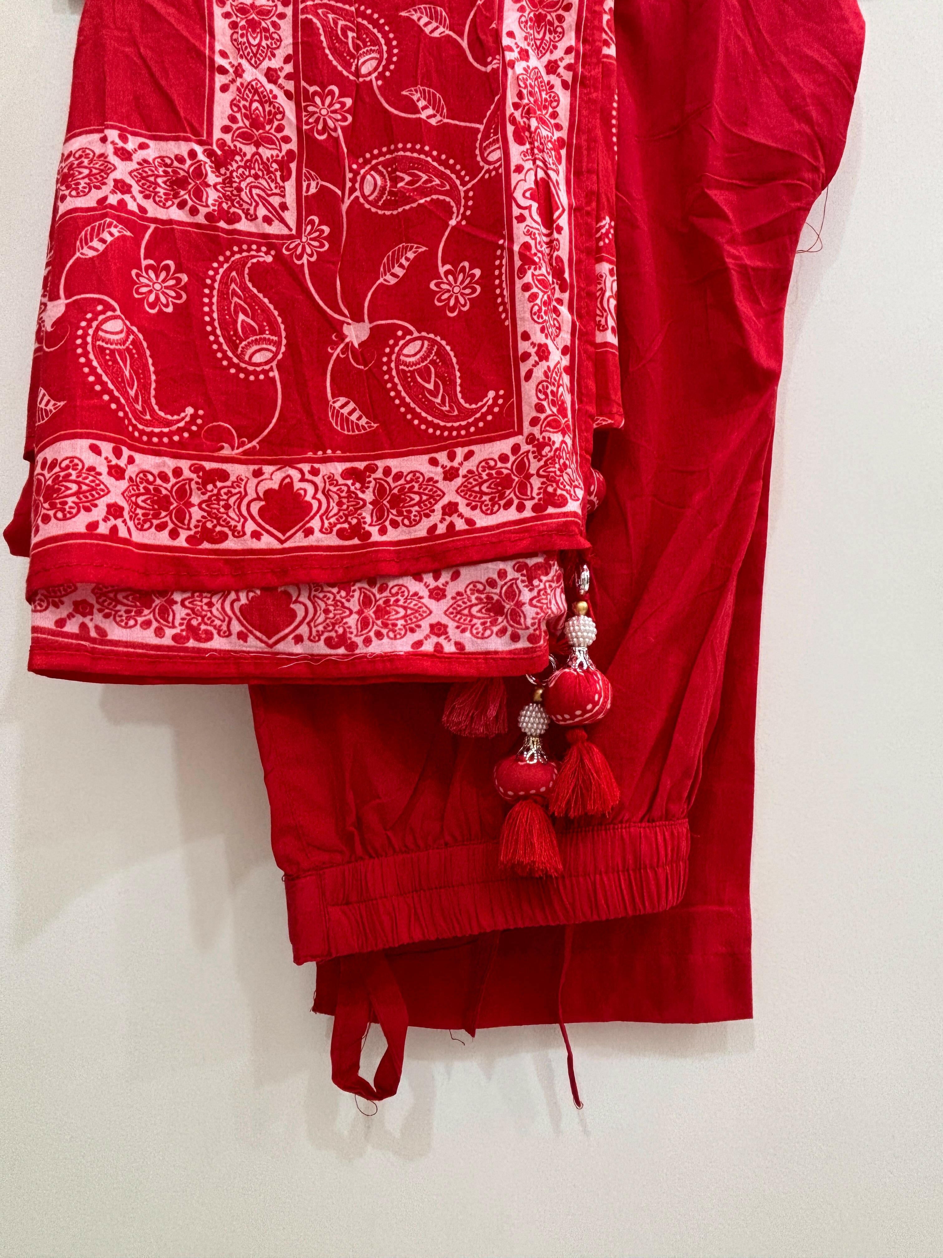 Mul Cotton Red Anarkali.