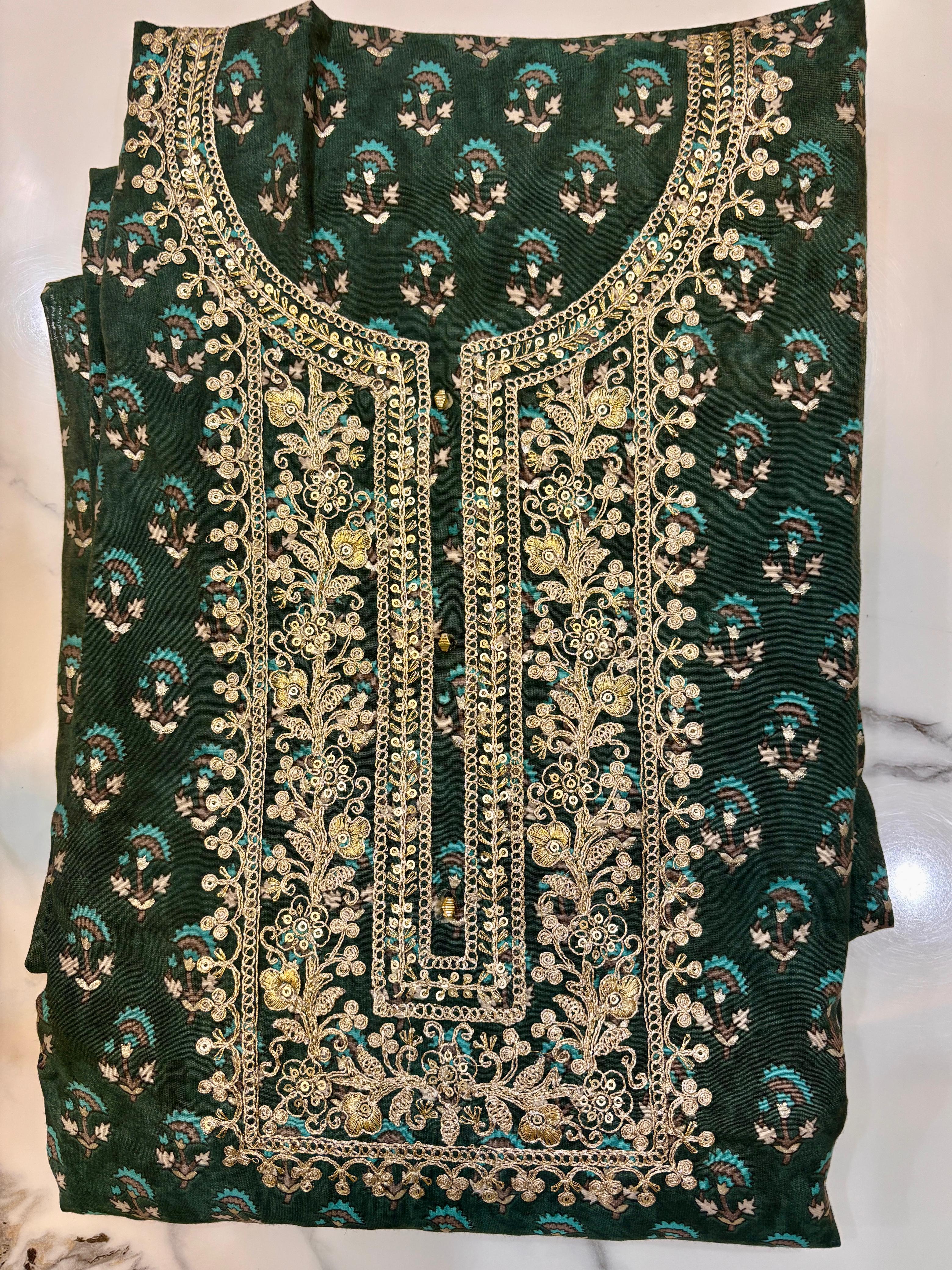 Unstitched Bottle Green Embroidered Suit.