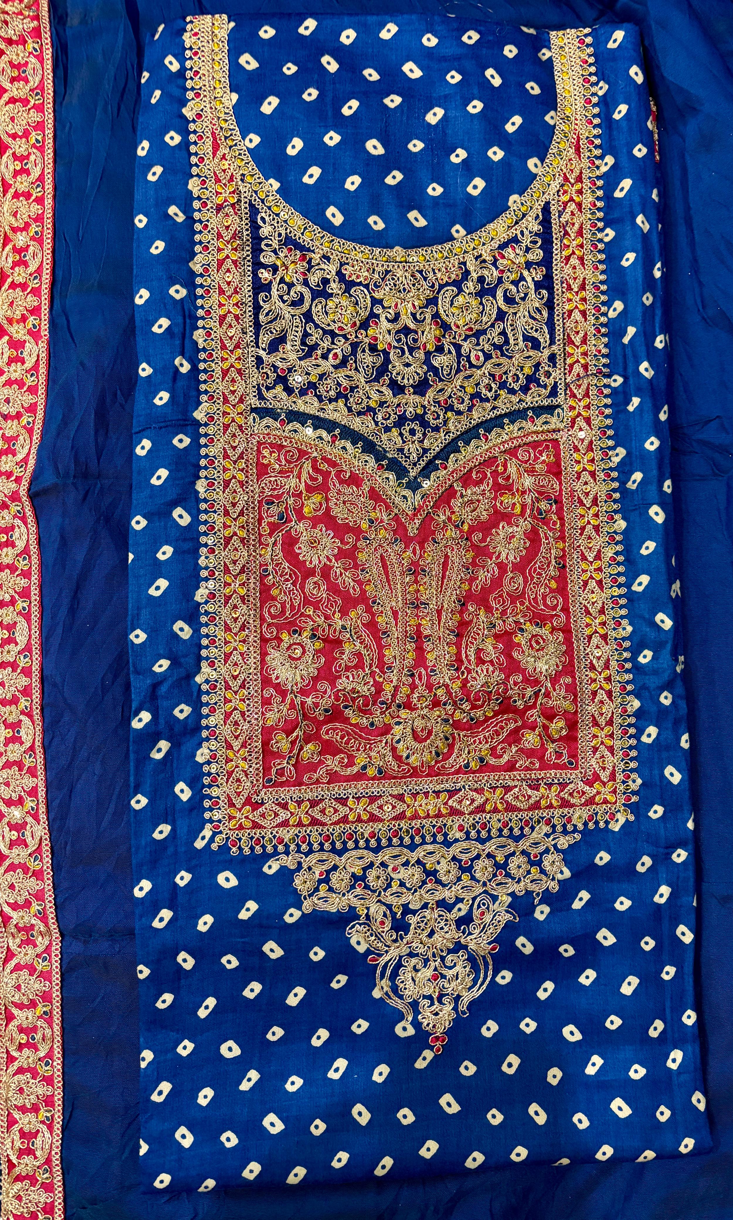 Unstitched Jaipuri Print Embroidered Suit.