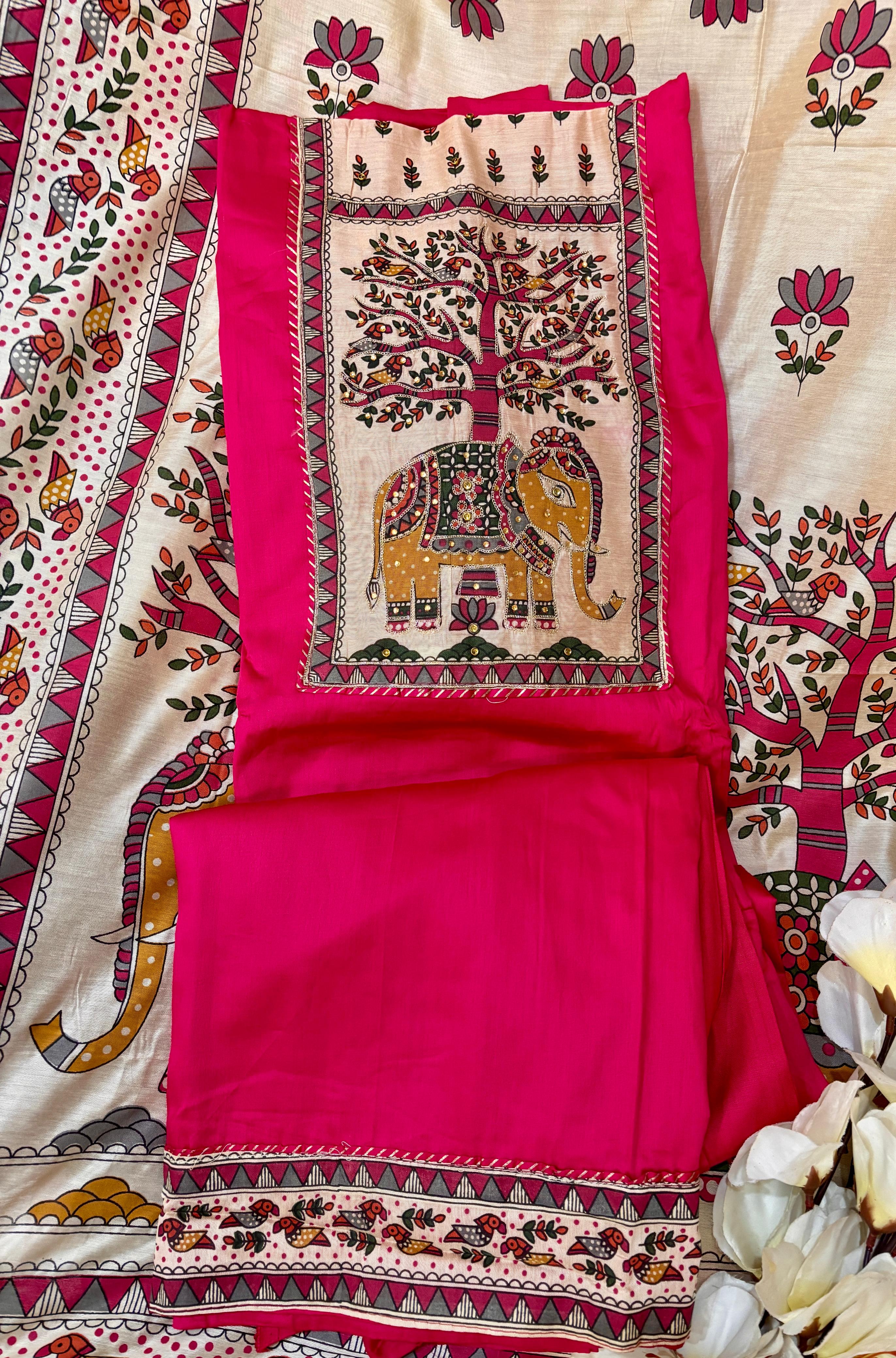 Unstitched Madhubani Print Embroidered Suit.
