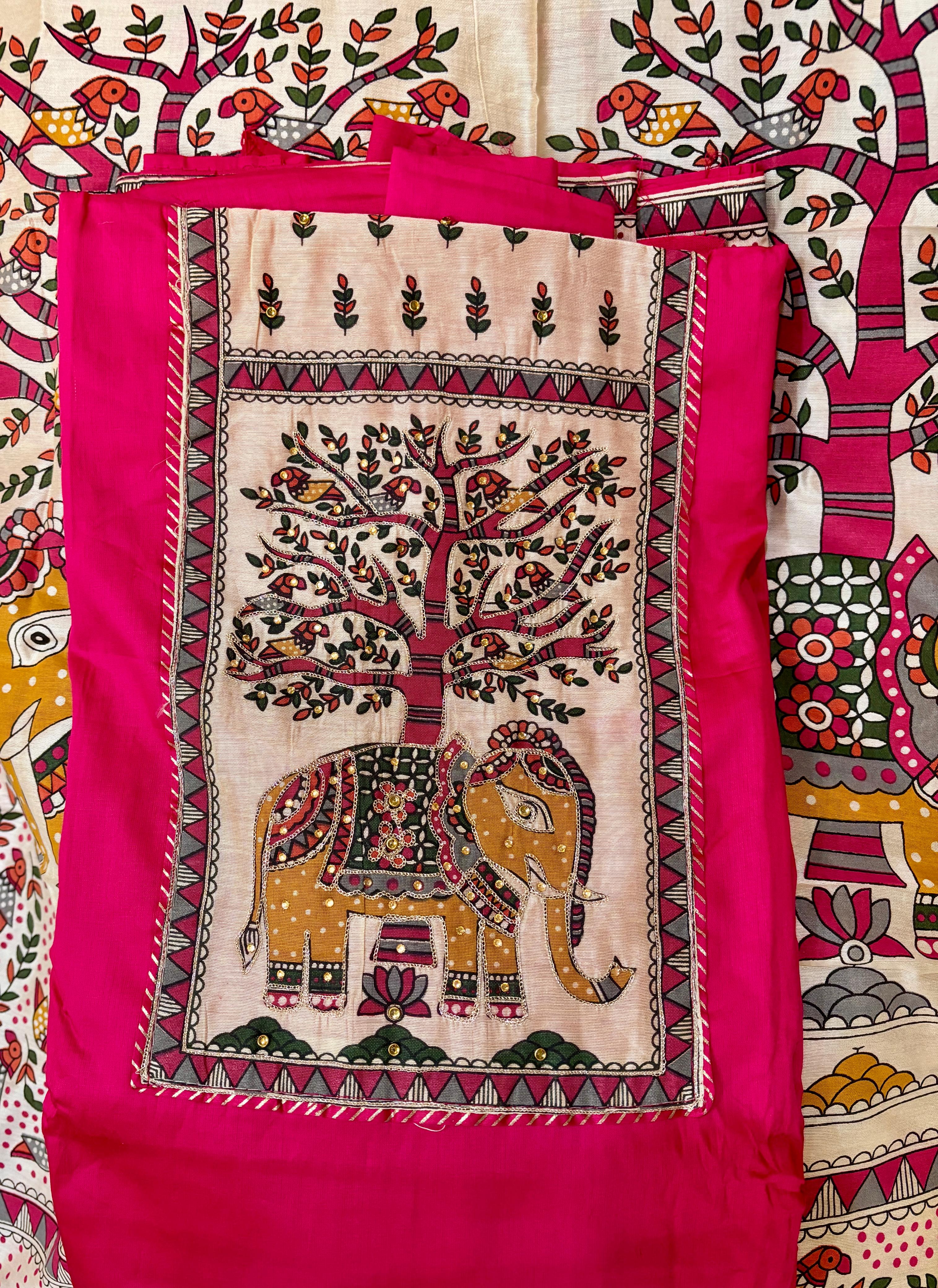 Unstitched Madhubani Print Embroidered Suit.
