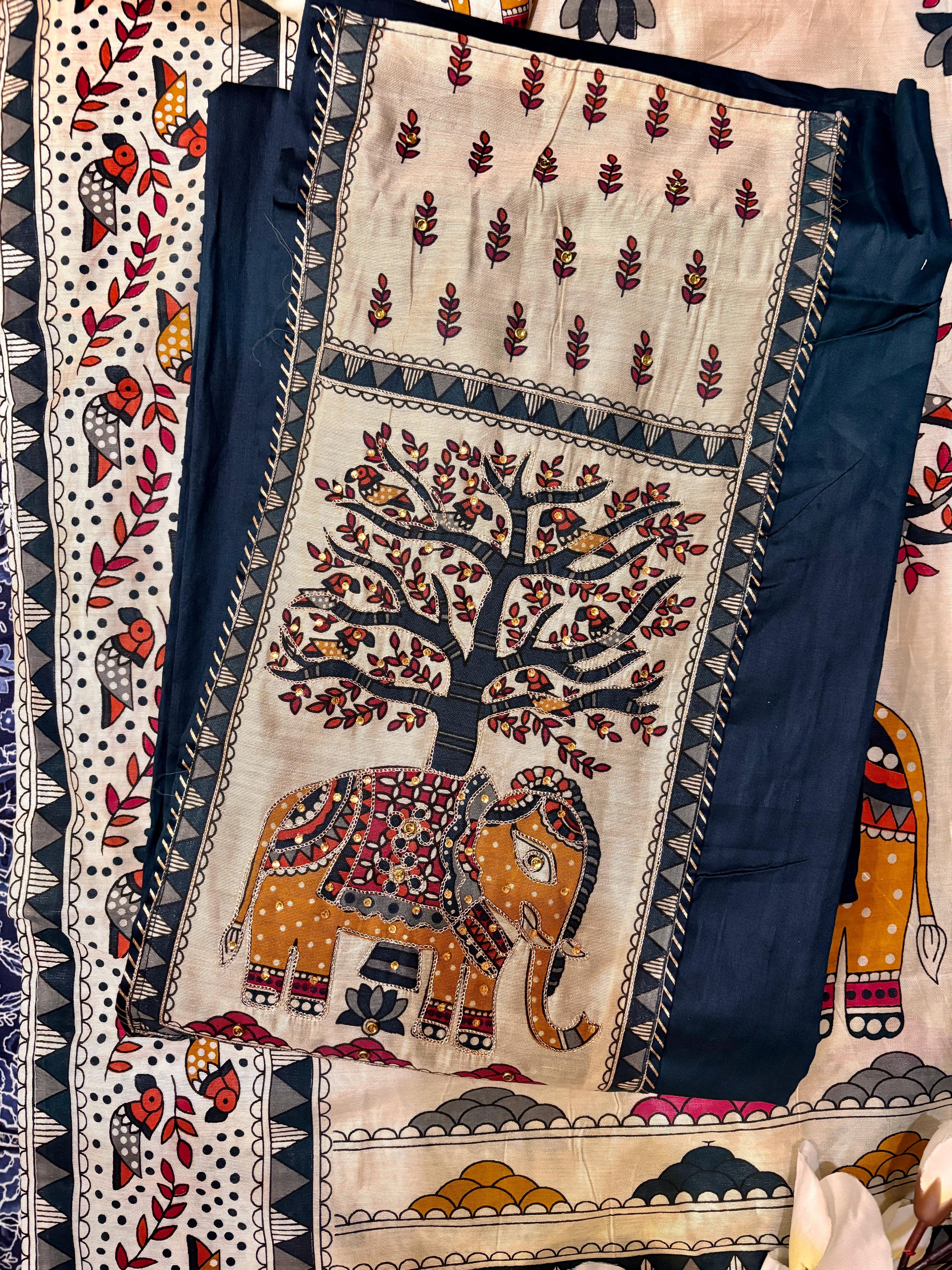 Unstitched Madhubani Print Embroidered Suit.