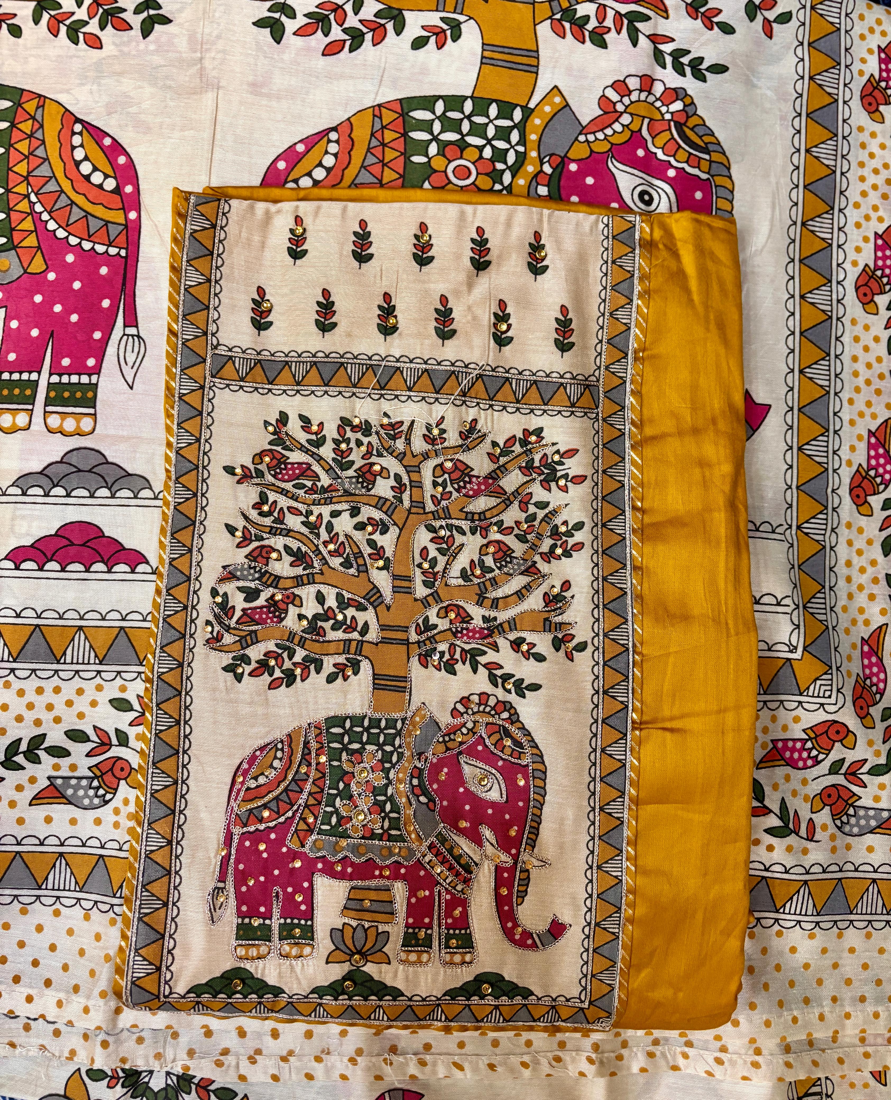 Unstitched Madhubani Print Embroidered Suit.
