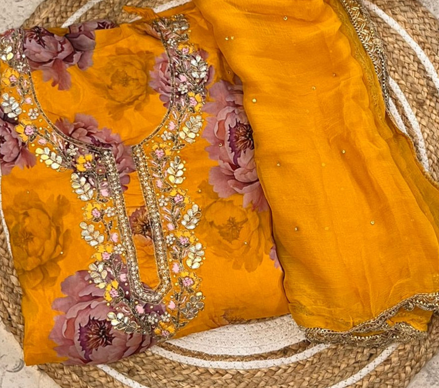 Unstitched Crepe Party Wear Floral Embroidered Suit.