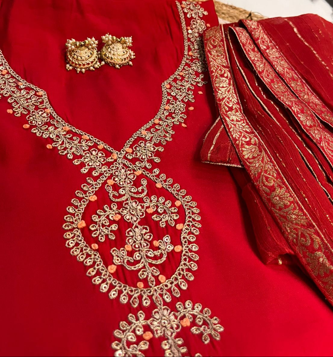 Unstitched Red Modal Embroidered Suit.