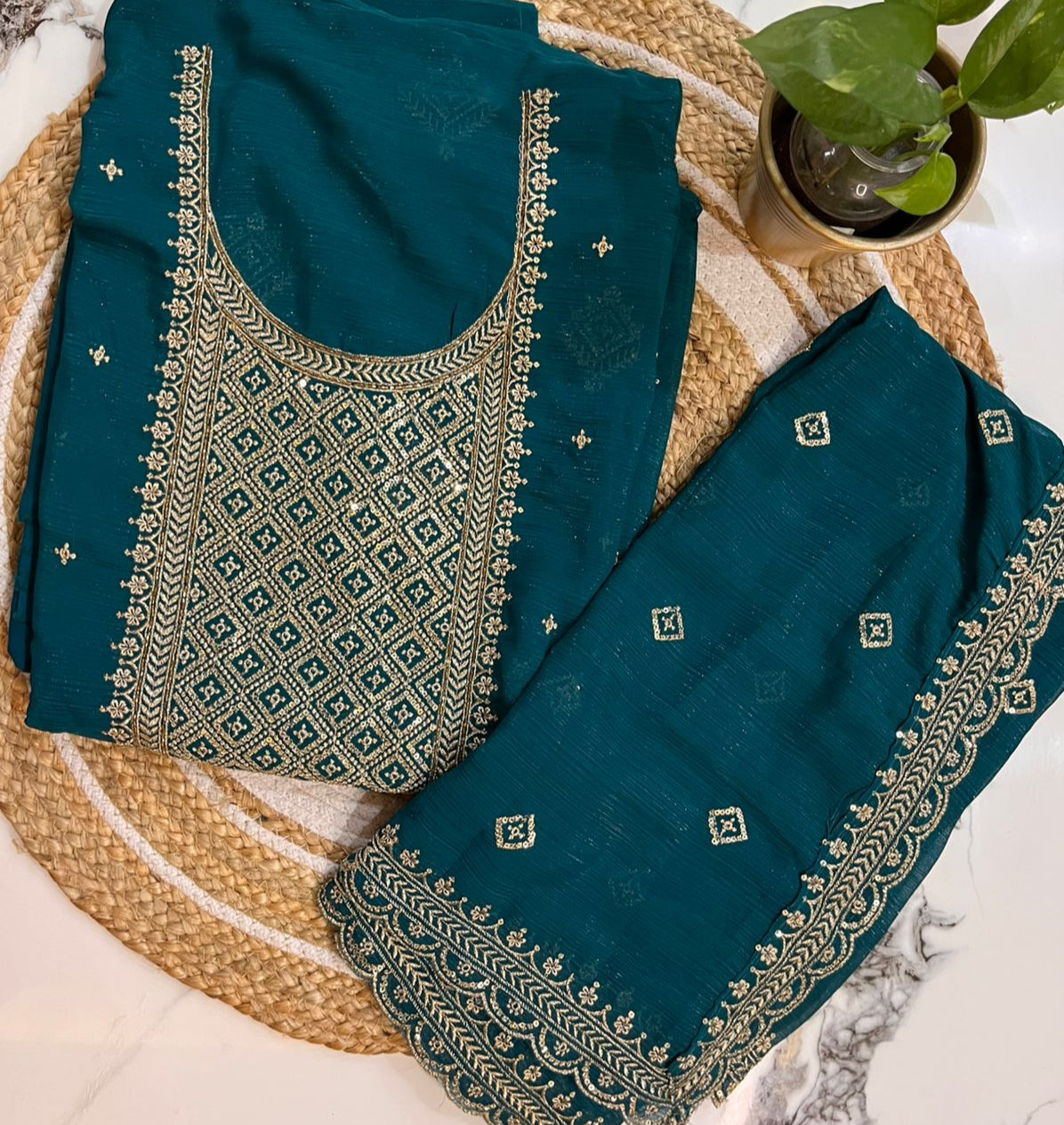 Unstitched Chinon Party Wear Embroidered Suit.