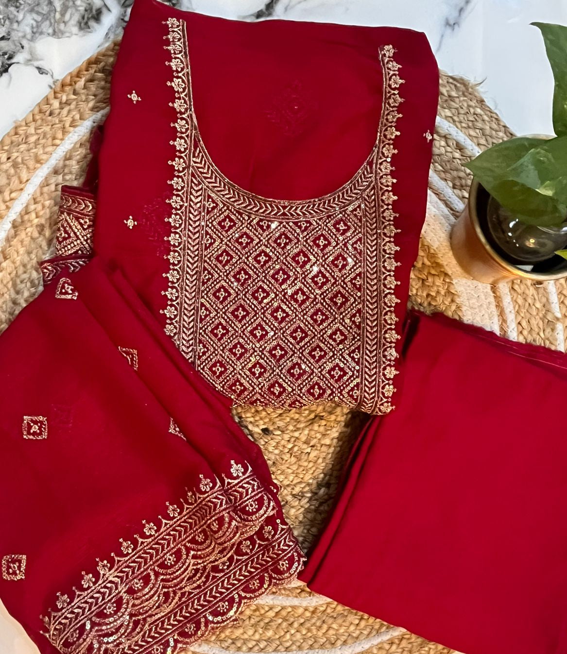 Unstitched Chinon Party Wear Embroidered Suit.