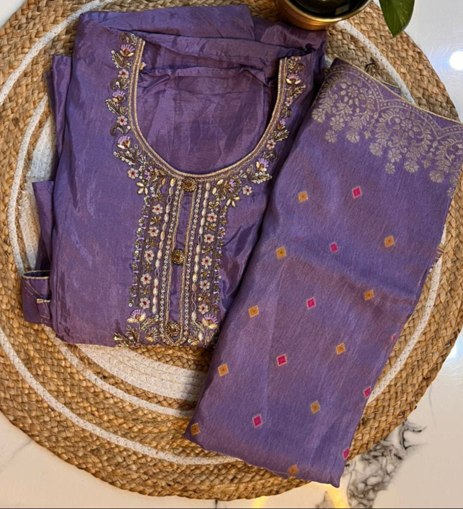 Unstitched Purple Uppada Silk Suit with Banarasi Dupatta.