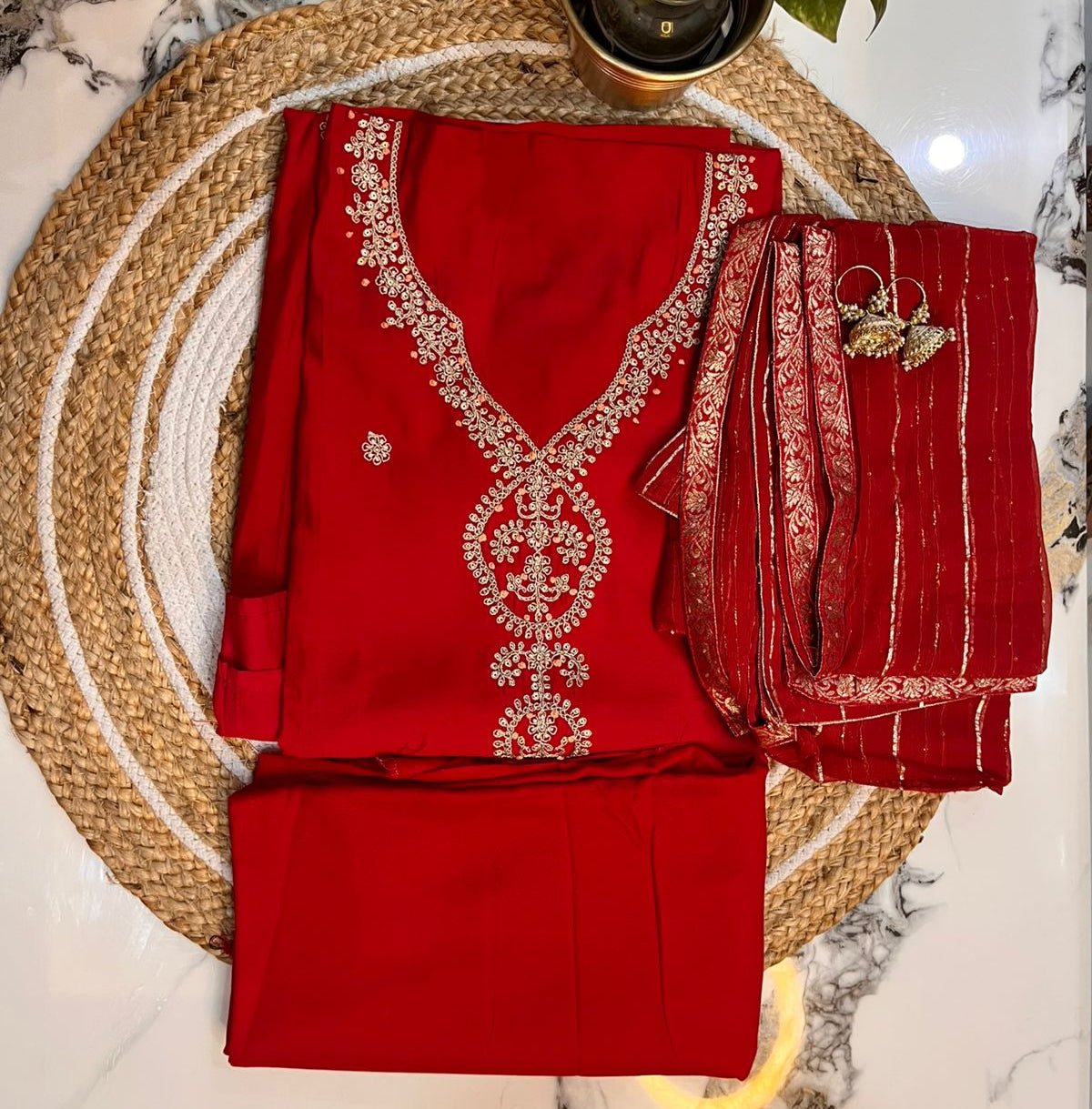 Unstitched Red Modal Embroidered Suit.