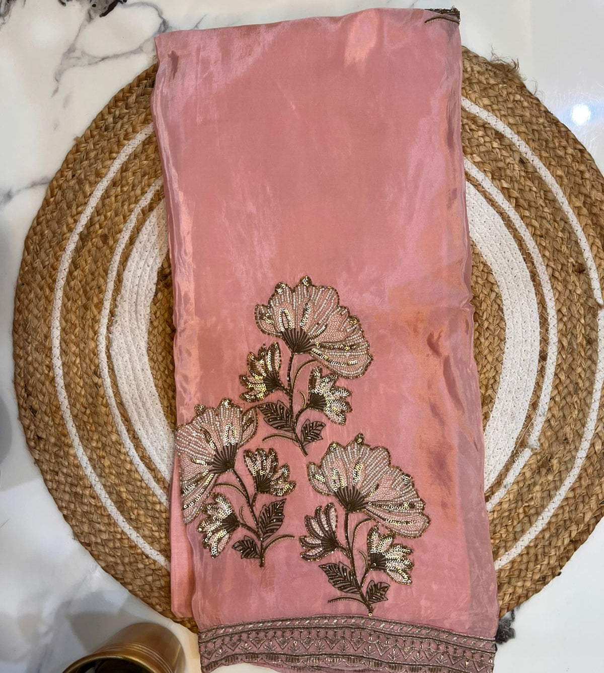 Unstitched Uppada Silk Suit with Floral Embroidery.