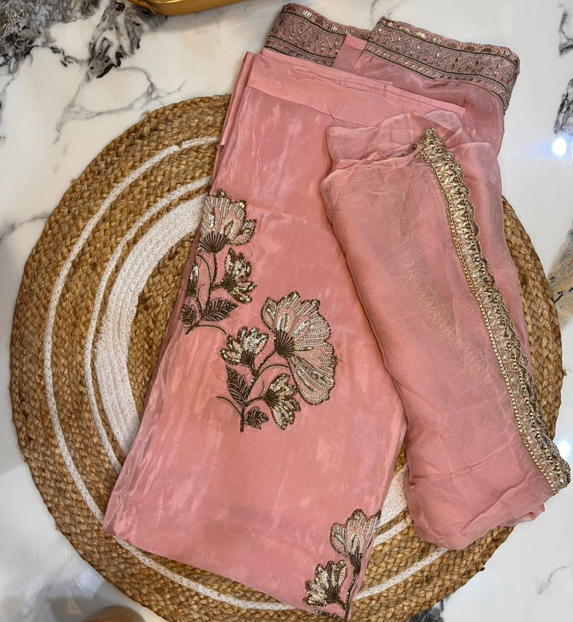 Unstitched Uppada Silk Suit with Floral Embroidery.