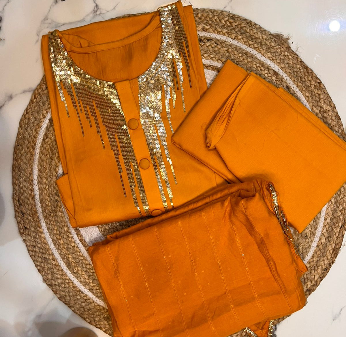 Unstitched Jaam Cotton Suit with Gold Sequin.