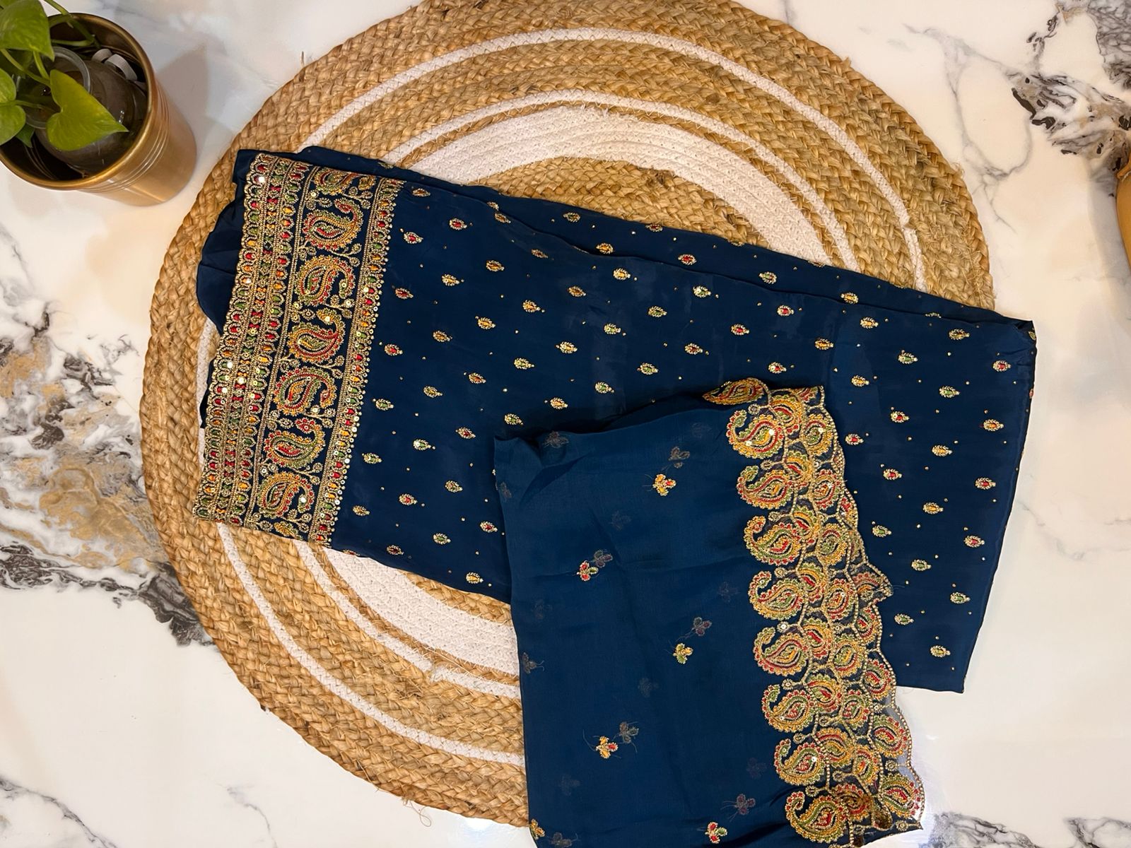 Unstitched Crepe Embroidered Suit with Pant and Dupatta.