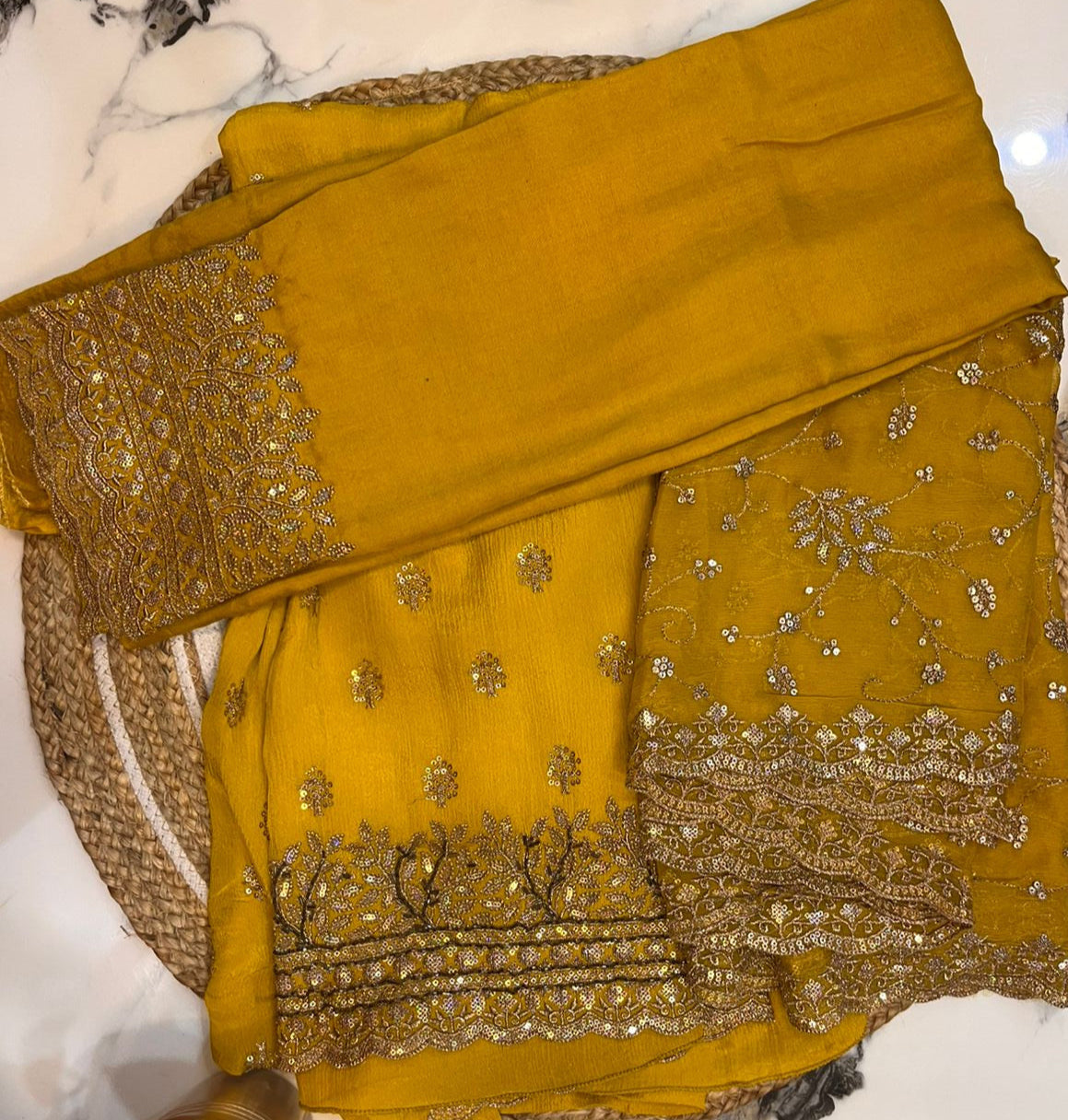 Unstitched Chinon Mustard Yellow Embroidered Suit with Intricate Golden.