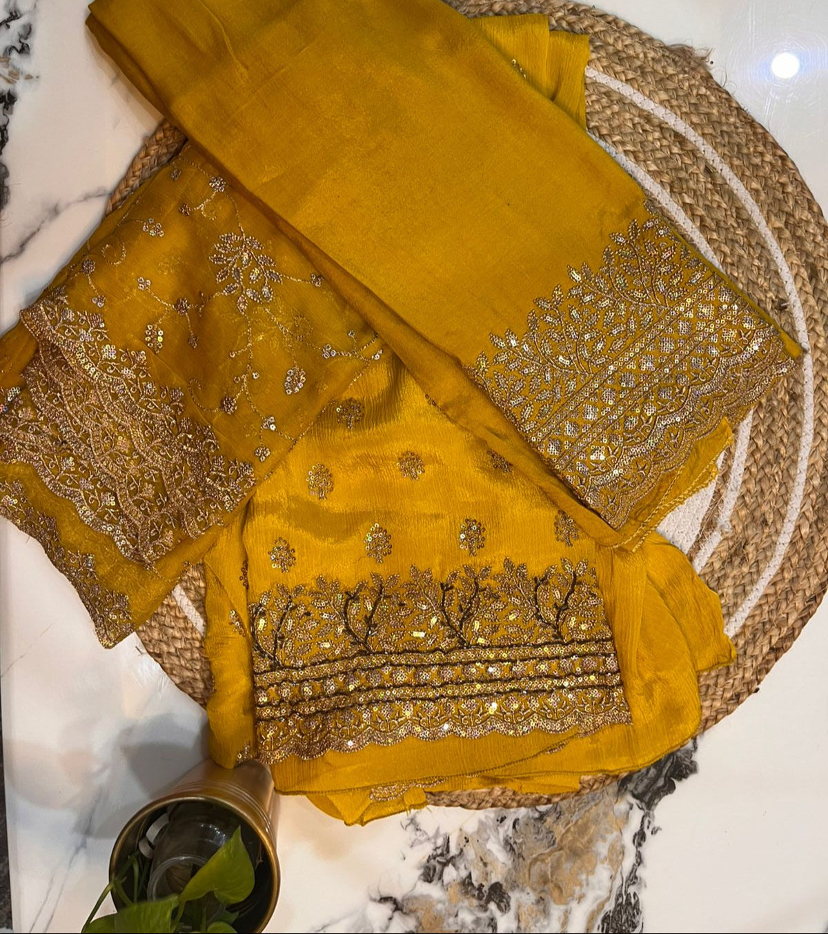 Unstitched Chinon Mustard Yellow Embroidered Suit with Intricate Golden.