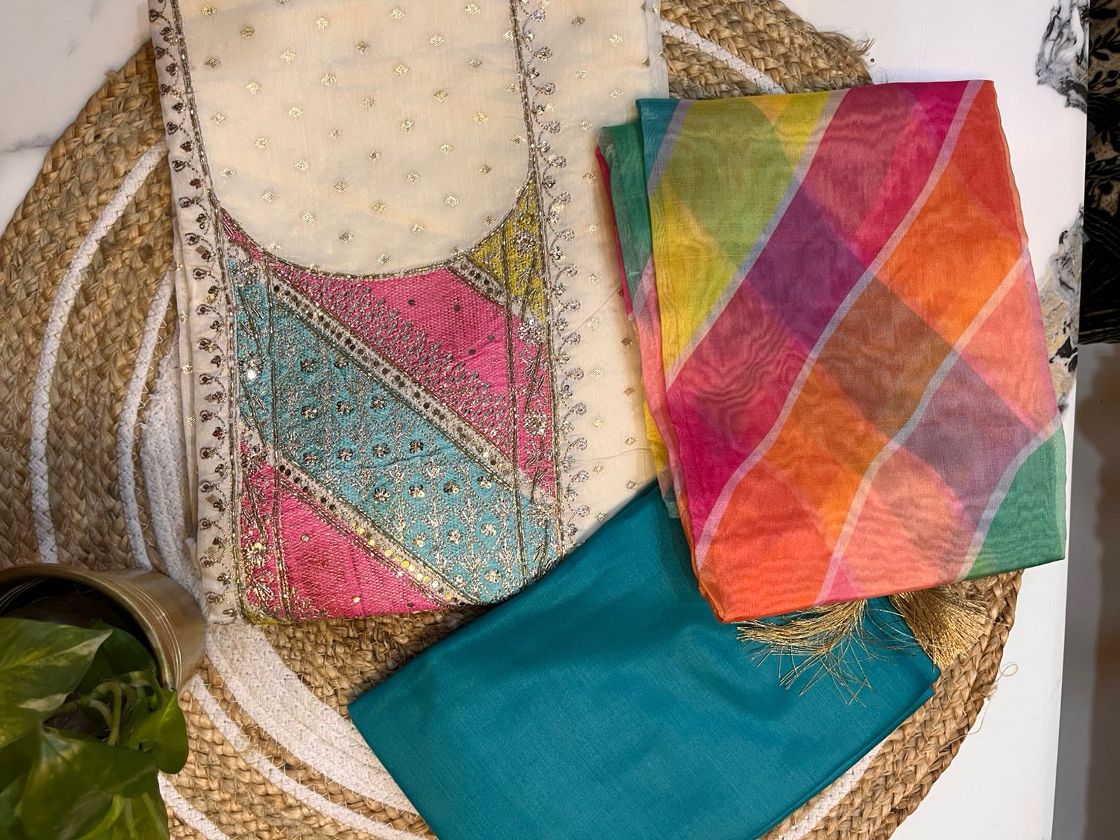 Unstitched Chanderi Silk Suit with Multicolour Dupatta.