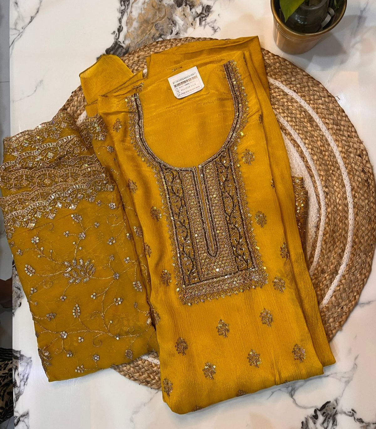 Unstitched Chinon Mustard Yellow Embroidered Suit with Intricate Golden.