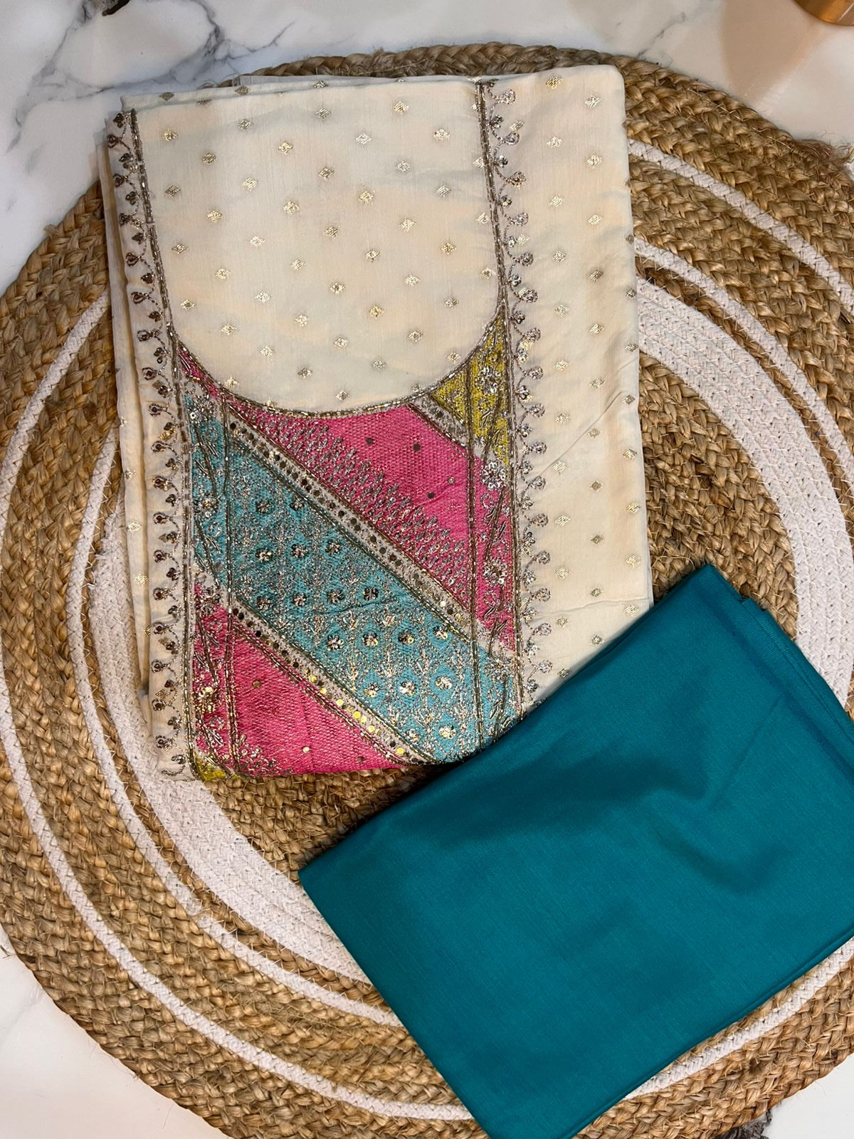 Unstitched Chanderi Silk Suit with Multicolour Dupatta.