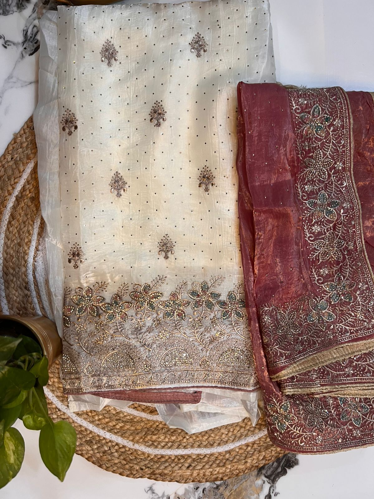 Unstitched Crushed Embroidered Creme Suit with Pant and Dupatta.