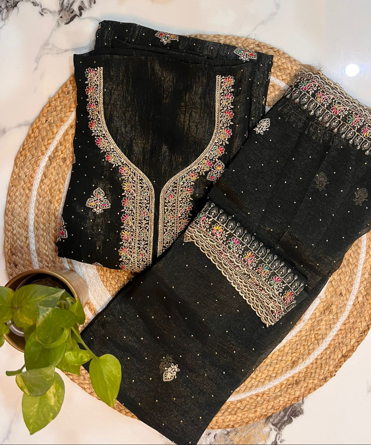 Unstitched Crushed Black Suit with Multicolour Embroidery.
