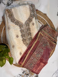 Unstitched Crushed Embroidered Creme Suit with Pant and Dupatta.