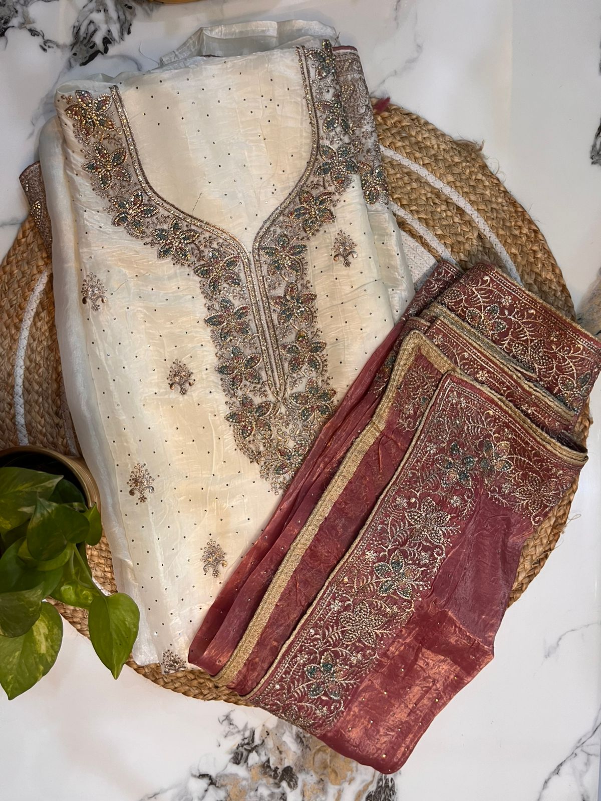 Unstitched Crushed Embroidered Creme Suit with Pant and Dupatta.