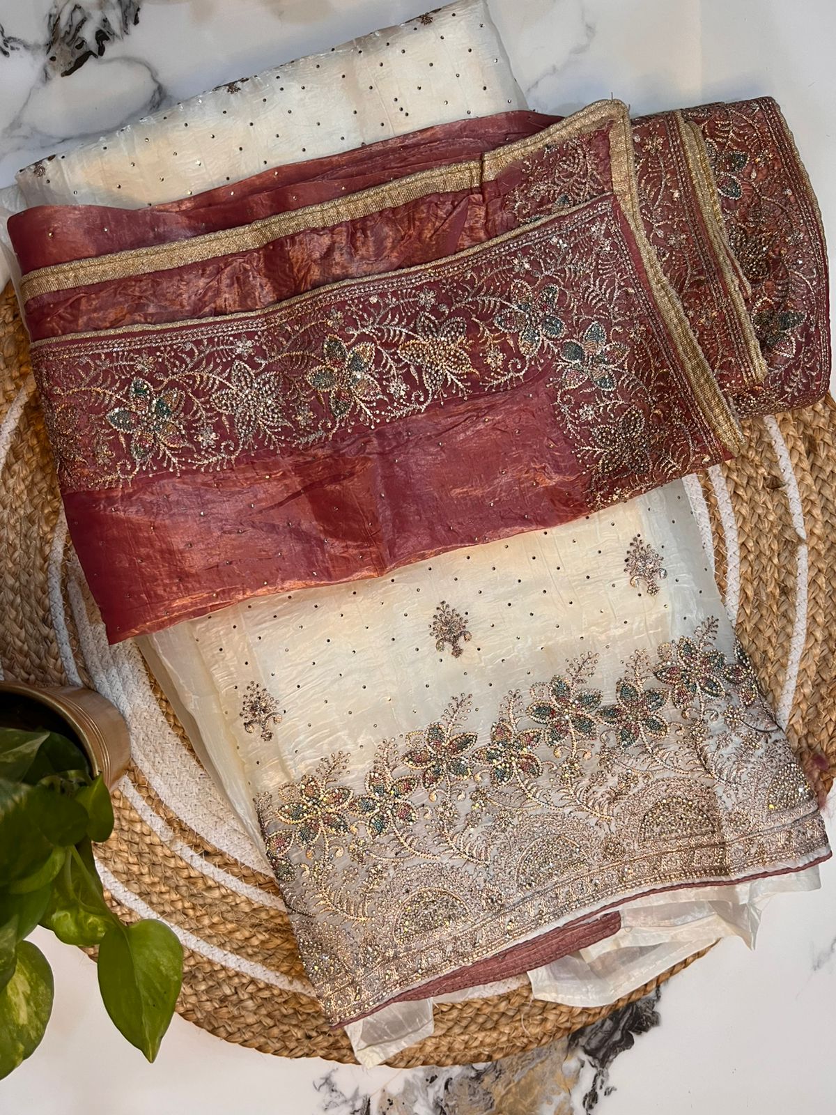 Unstitched Crushed Embroidered Creme Suit with Pant and Dupatta.