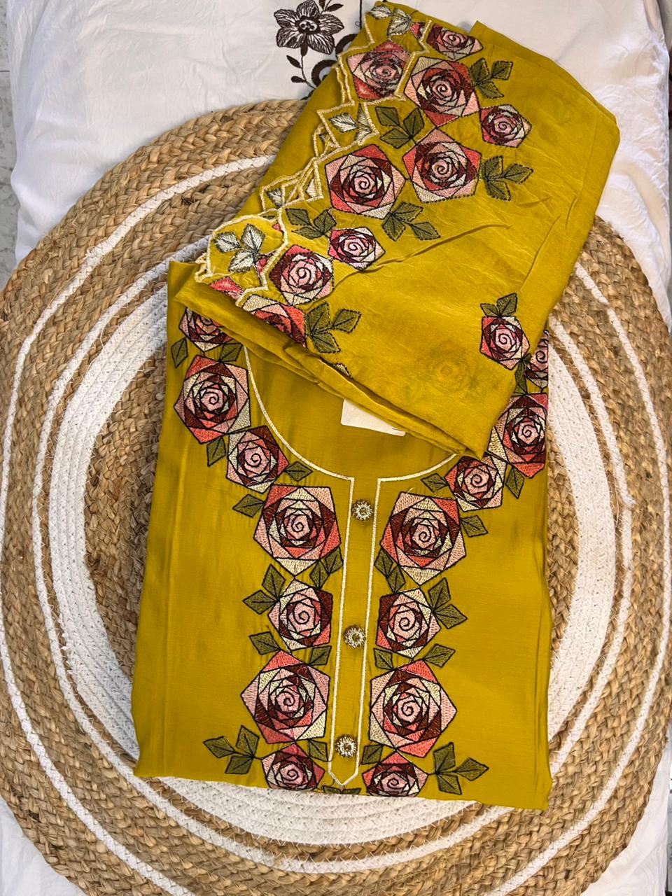 Unstitched Roman Silk Suit with Floral Dupatta.