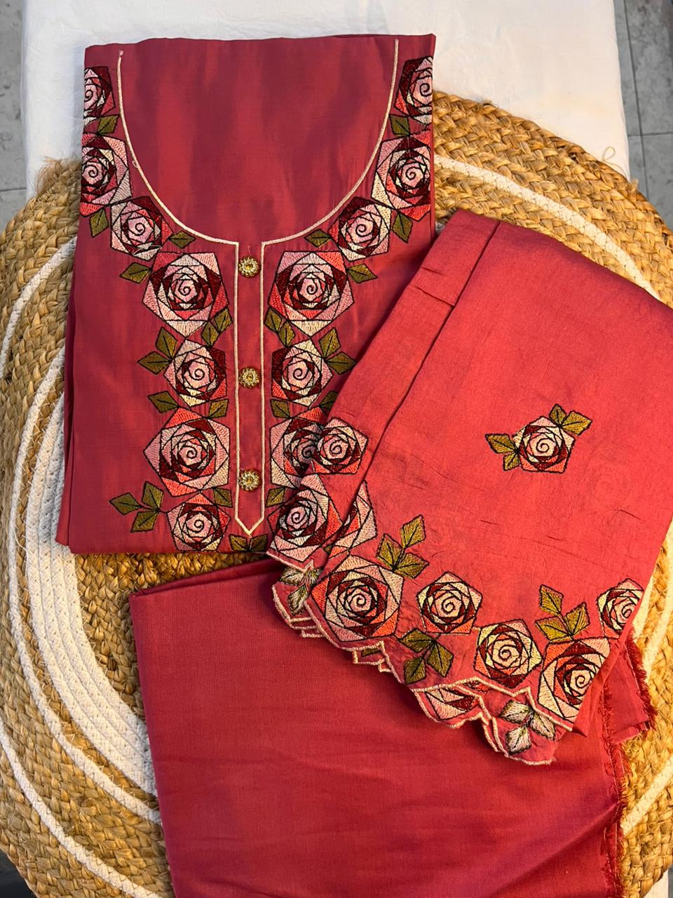 Unstitched Roman Silk Suit with Floral Dupatta.