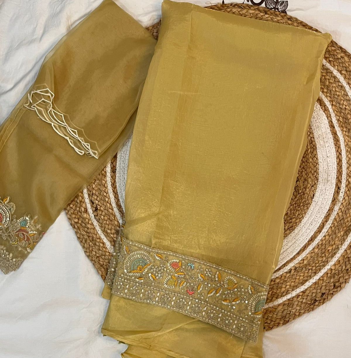 Unstitched Crushed Khaki Colour Suit with Embroidered Dupatta.