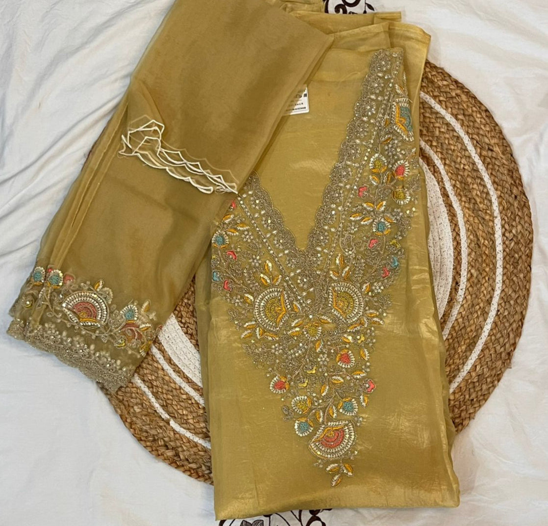 Unstitched Crushed Khaki Colour Suit with Embroidered Dupatta.