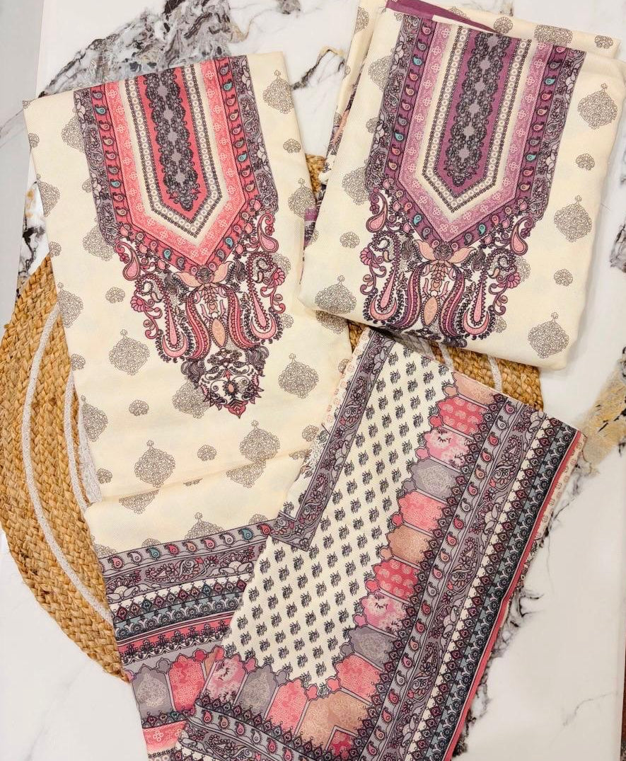 Unstitched Woolen Pastel Suit with Shawl