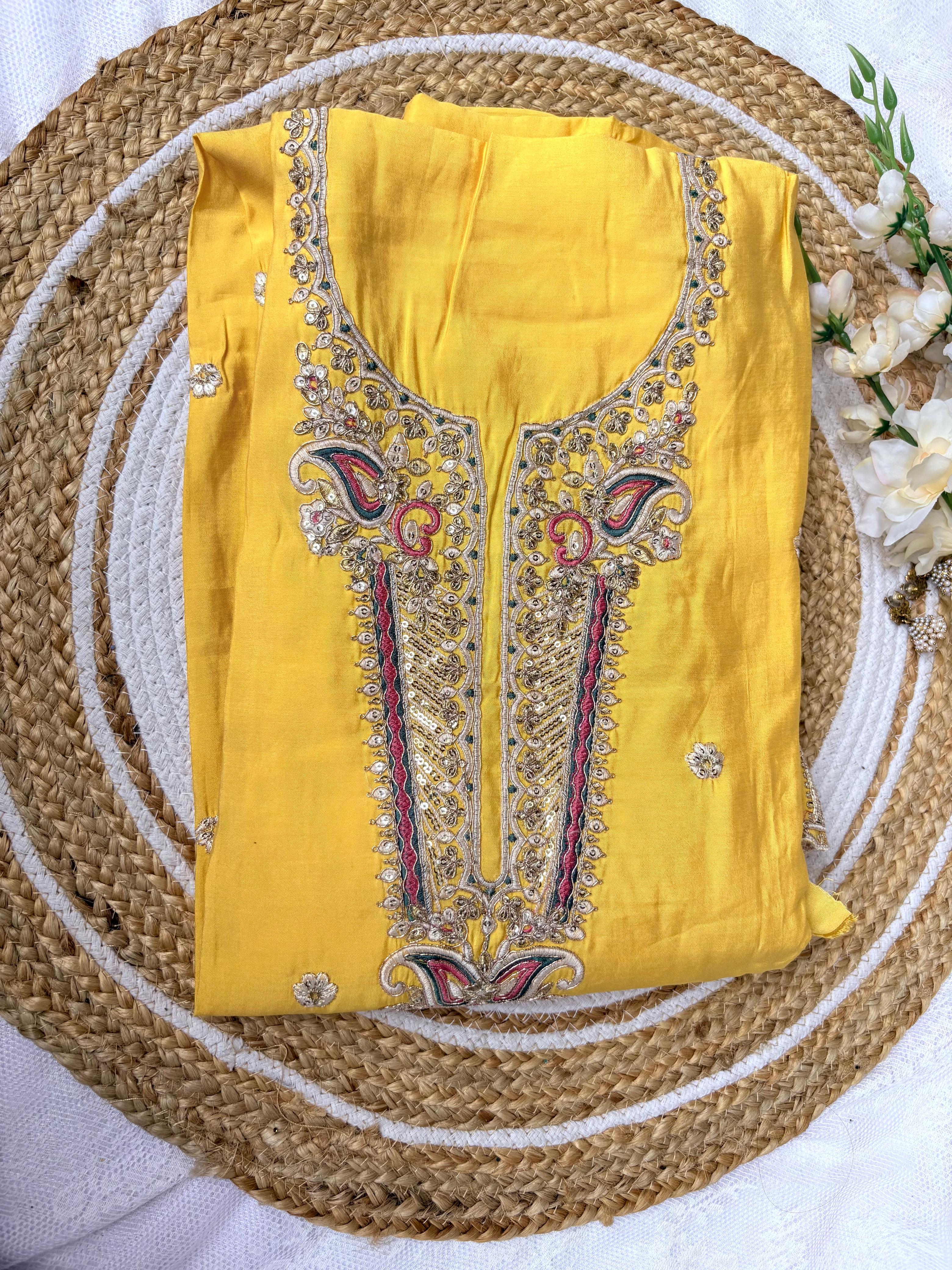 Unstitched Yellow Modal Suit With Maroon Dupatta