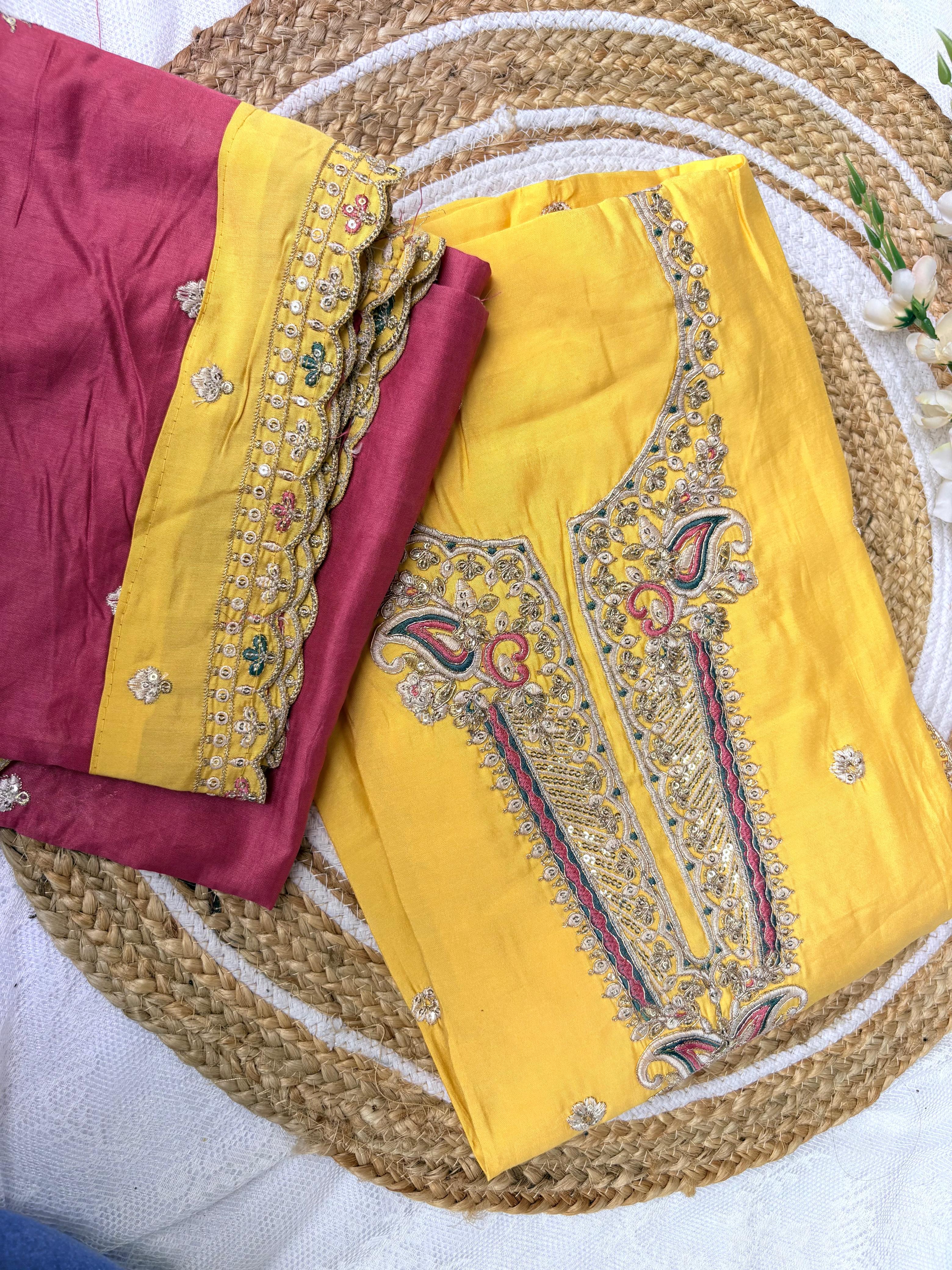 Unstitched Yellow Modal Suit With Maroon Dupatta