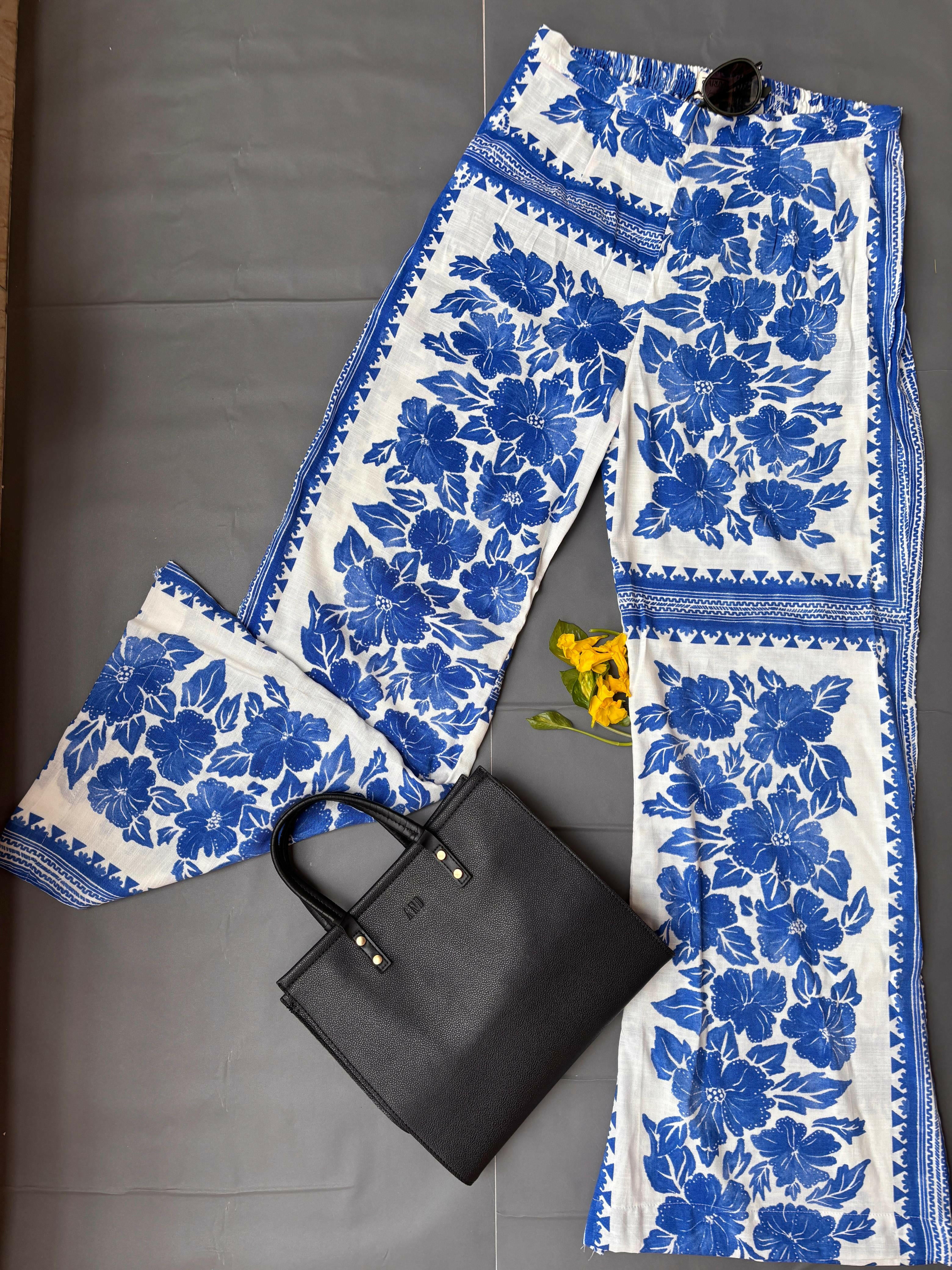 White & Blue Floral Crop Top and Pants Coord Set.