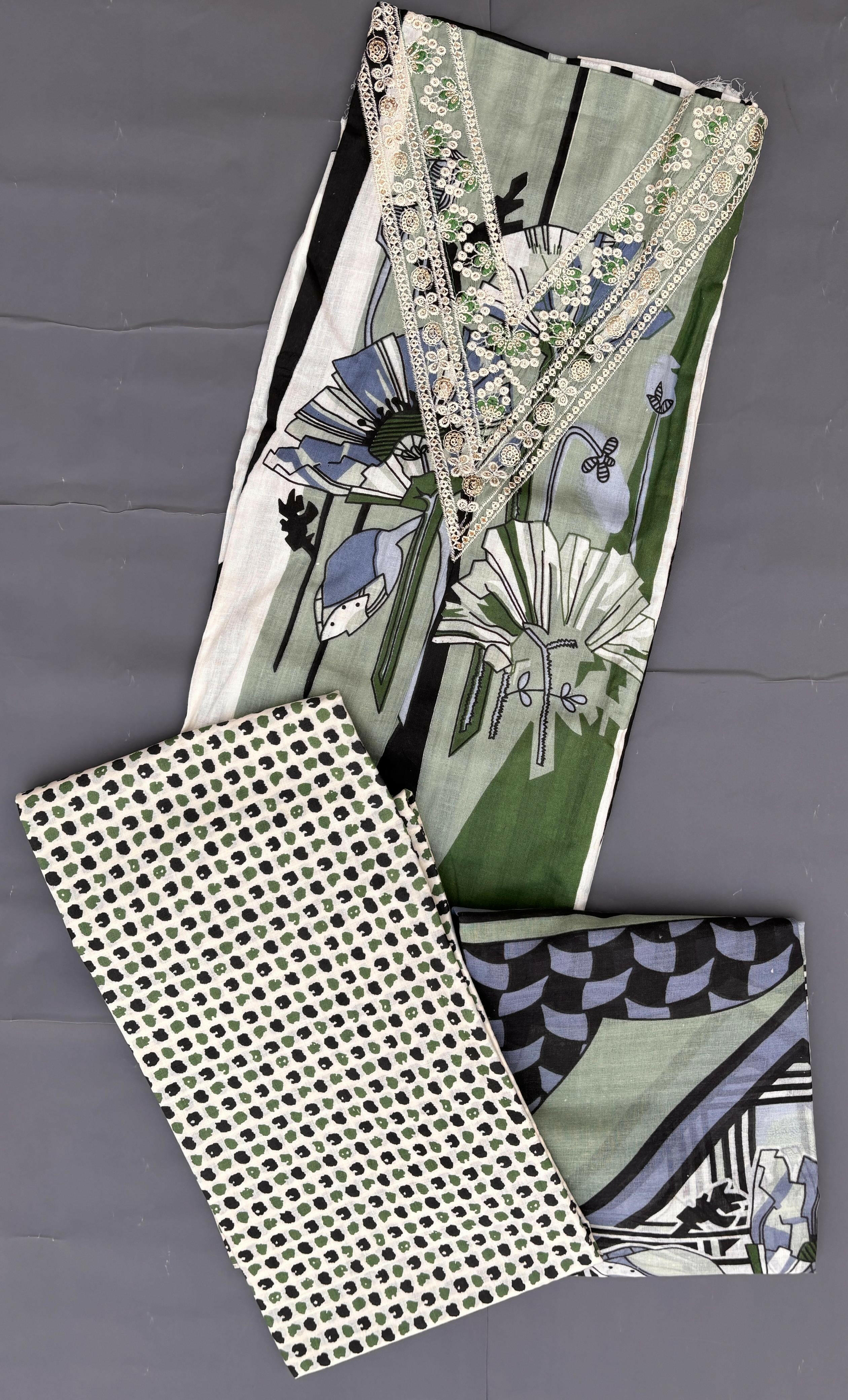 Unstitched Modern Print Green & Black Suit.